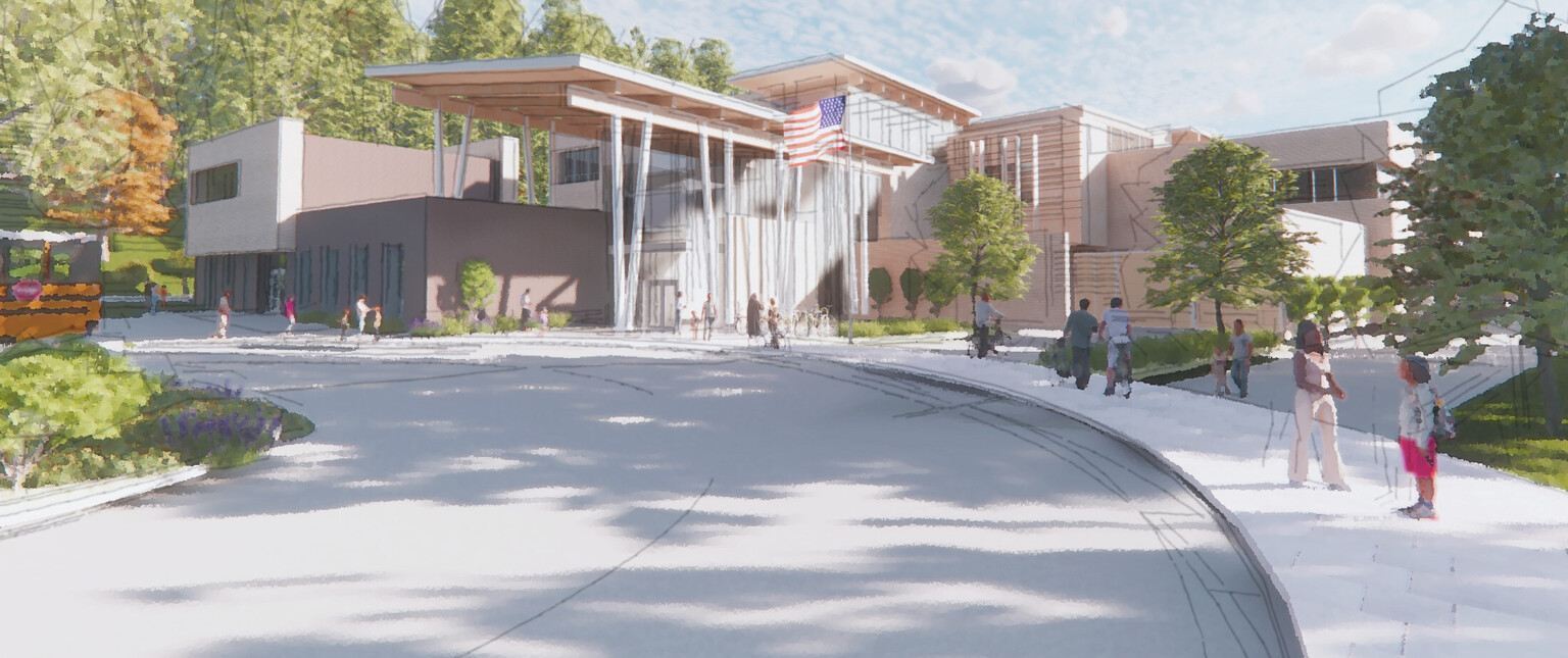 Rendering of a multi-story modern school campus with an American flag flying and surrounded by lush green trees