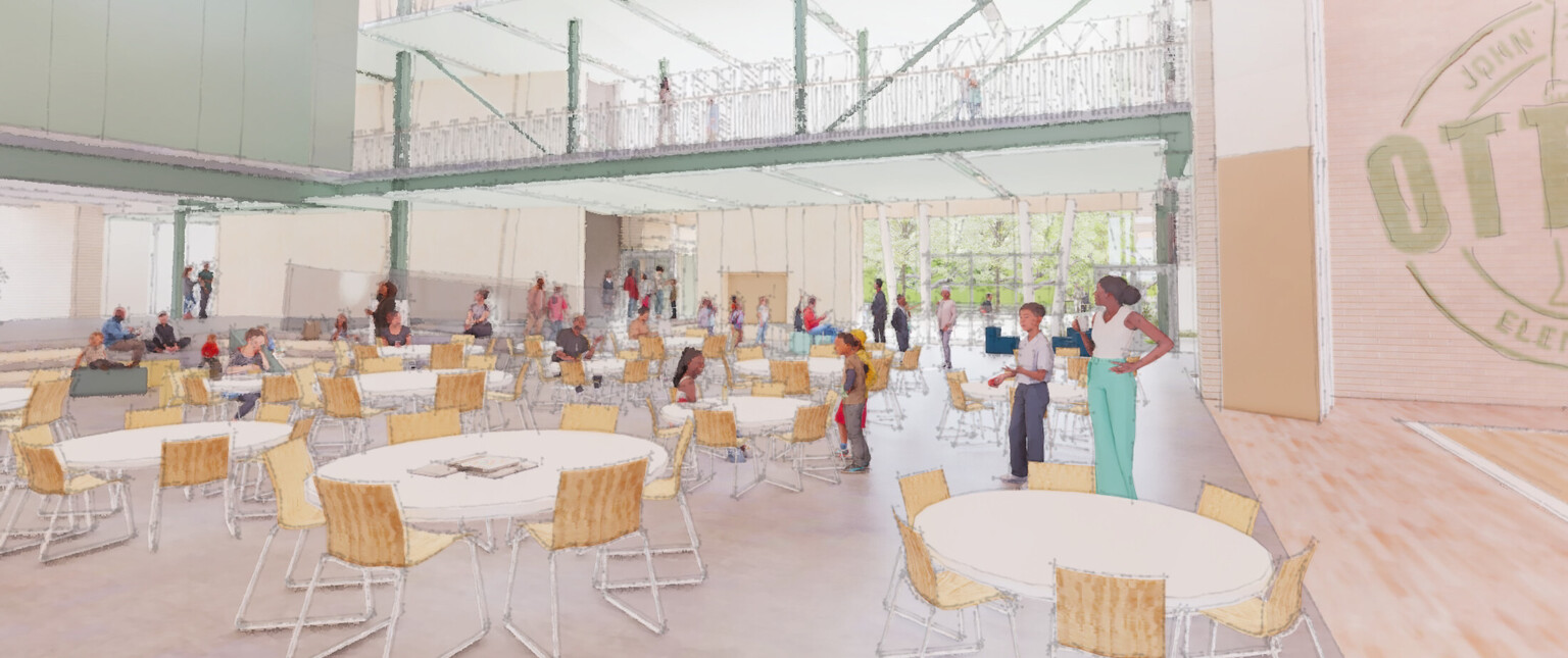 Rendering of a modern multistory school cafeteria filled with tables, chairs, and students conversing