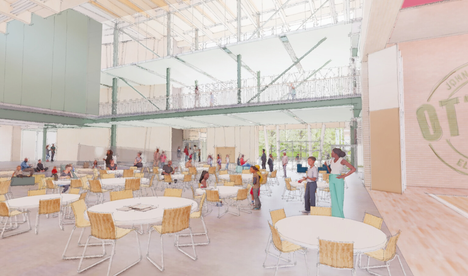 Rendering of a modern multistory school cafeteria filled with tables, chairs, and students conversing