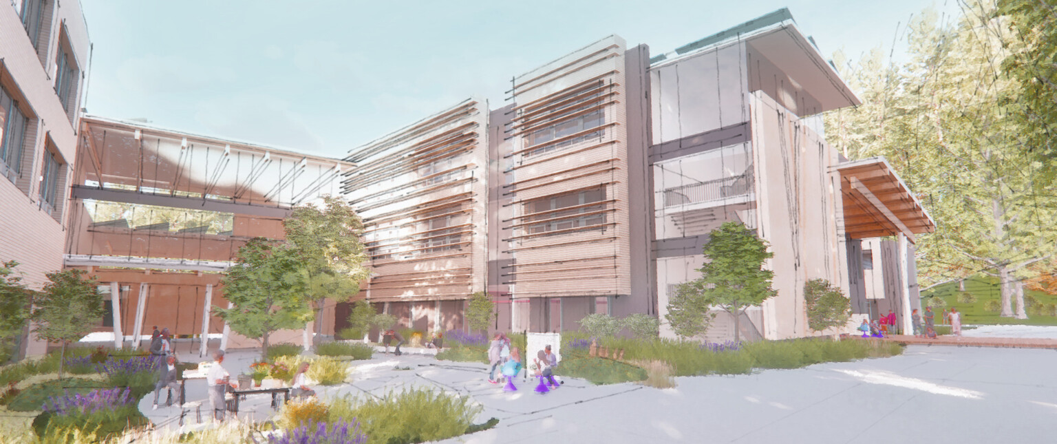 Rendering of a multi-story school building with lush landscaping