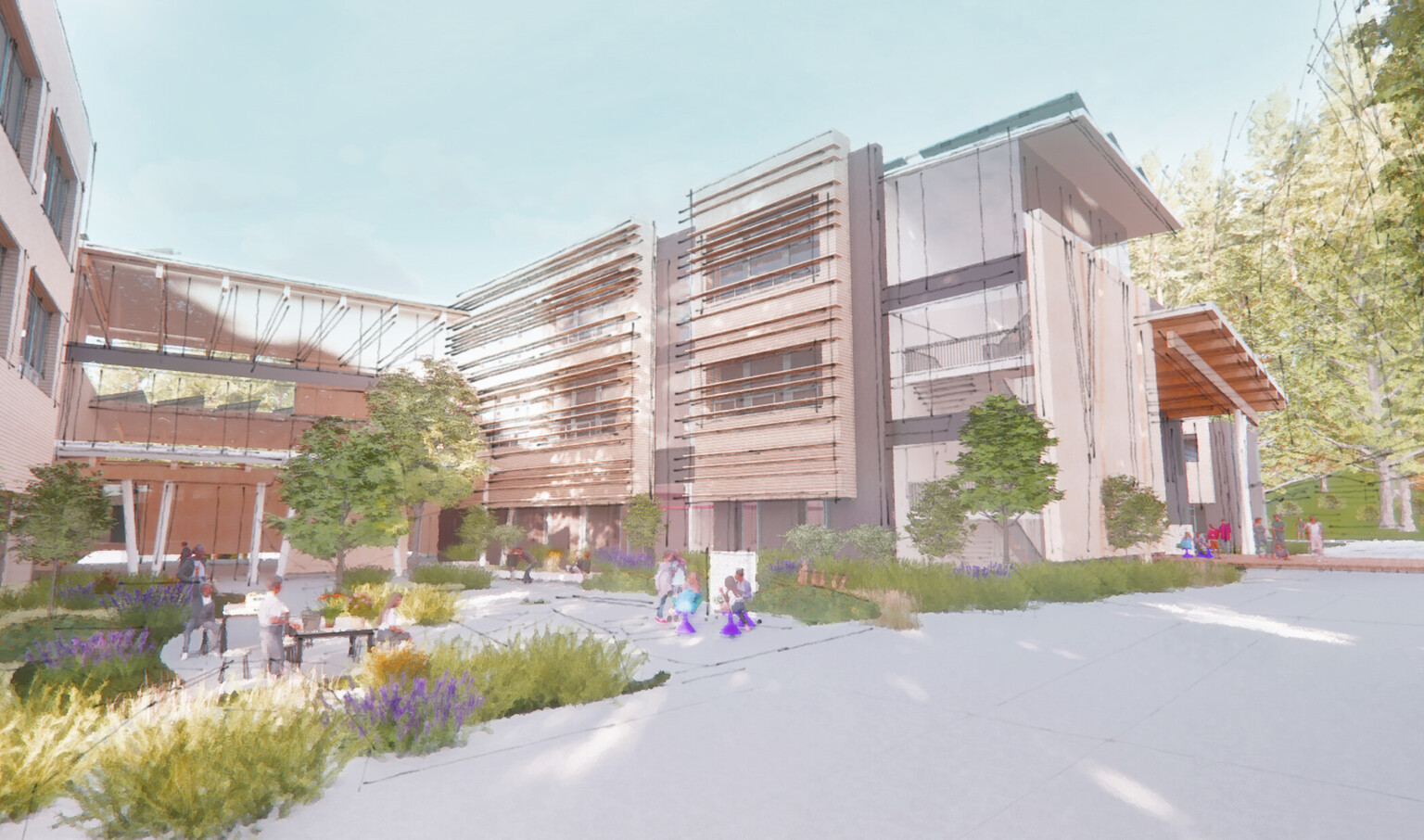 Rendering of a multi-story school building with lush landscaping