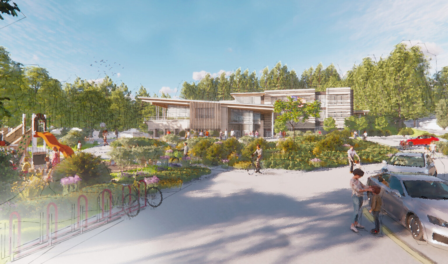 Rendering of a modern school campus with lush landscaping, playground with a slide, and people gathered throughout the campus