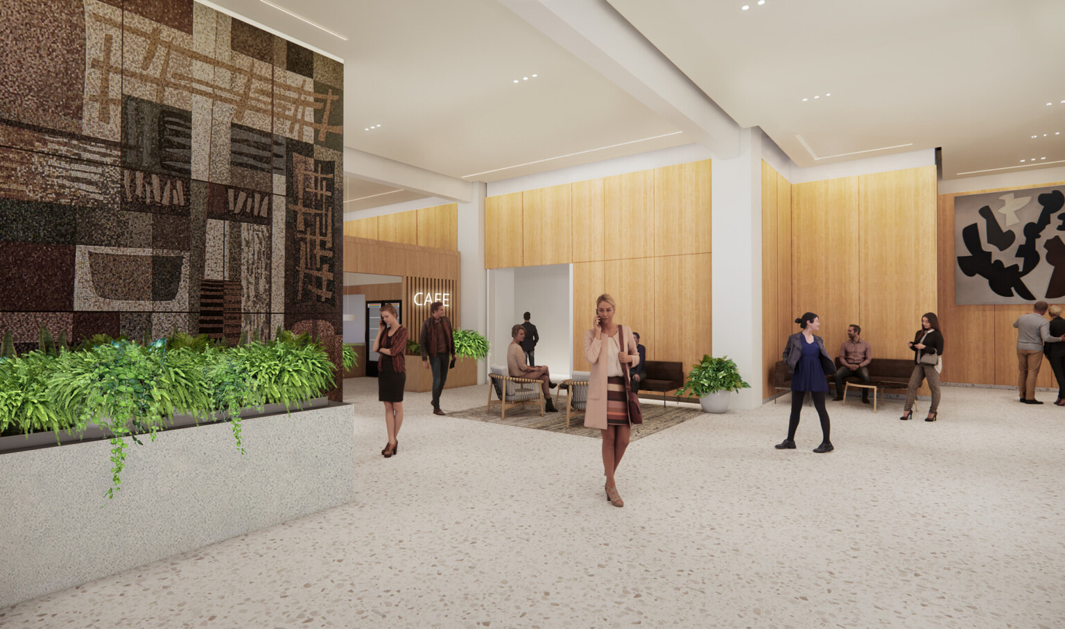 Office entry with wooden accent walls, mosaic art mural, light floors, with multiple seating areas
