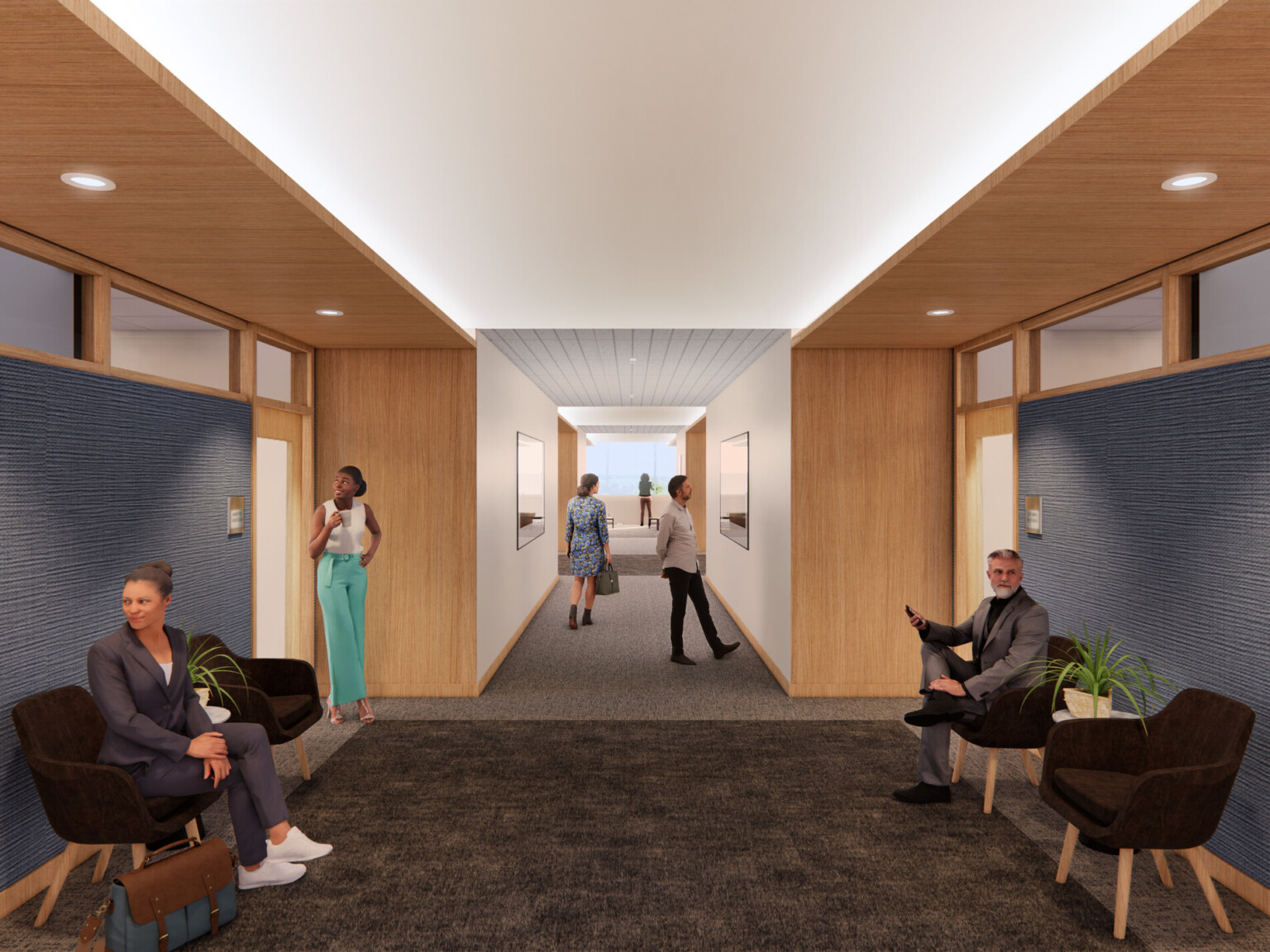 Office hallway with lined with doorways, dark blue accent walls surrounded by wooden accents