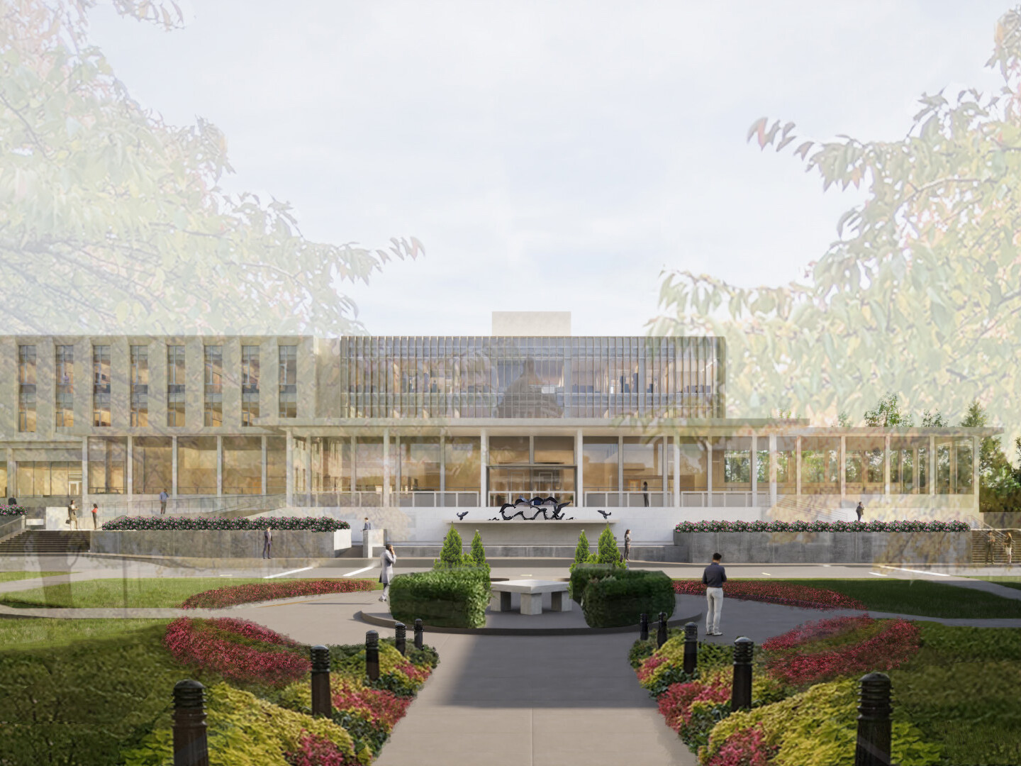 Rendering of a multistory office building with large glass atrium out front surrounded by trees and lush landscaping Rendering of a multistory office building with large glass atrium out front surrounded by trees and lush landscaping