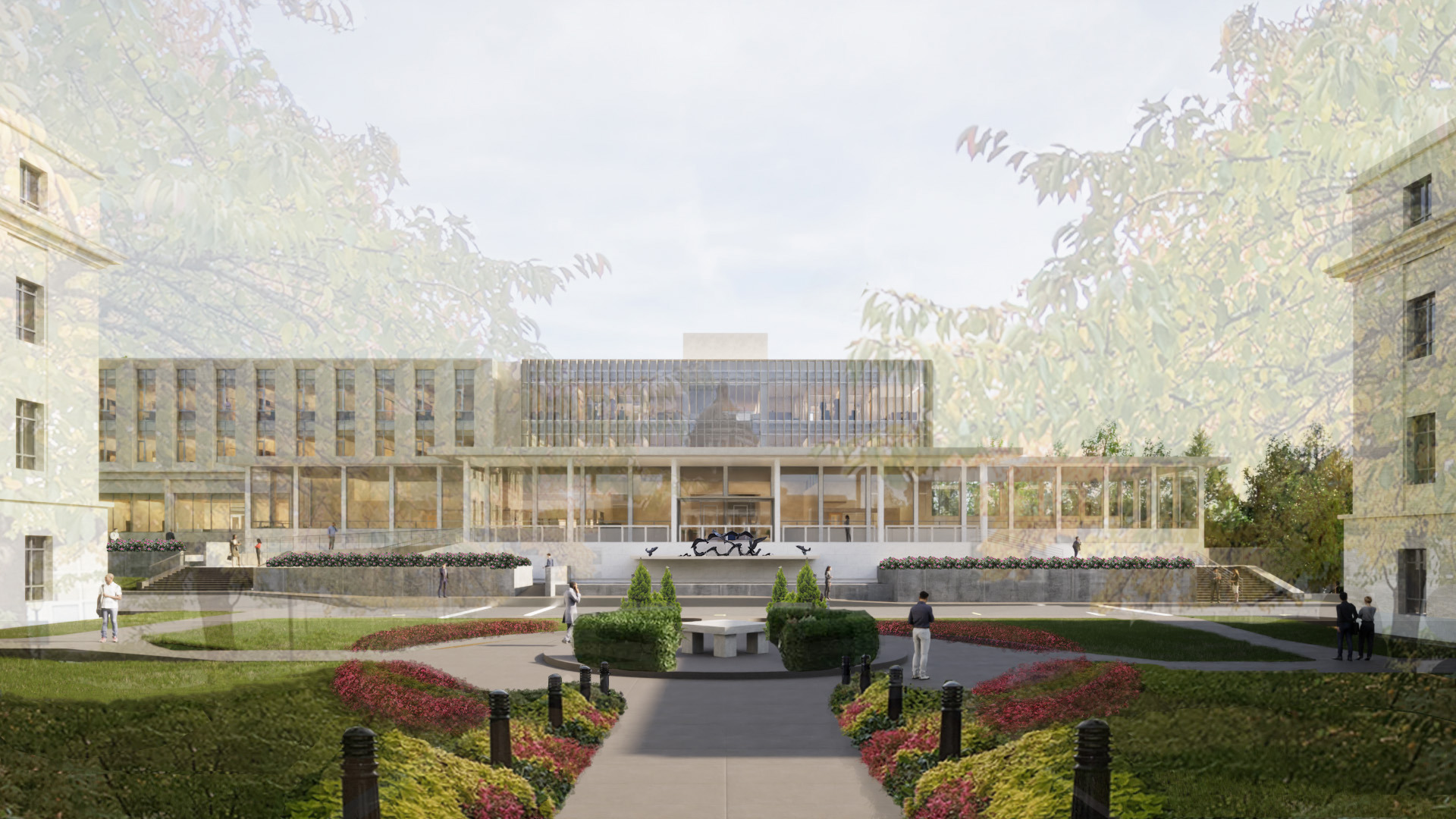 Rendering of a multistory office building with large glass atrium out front surrounded by trees and lush landscaping