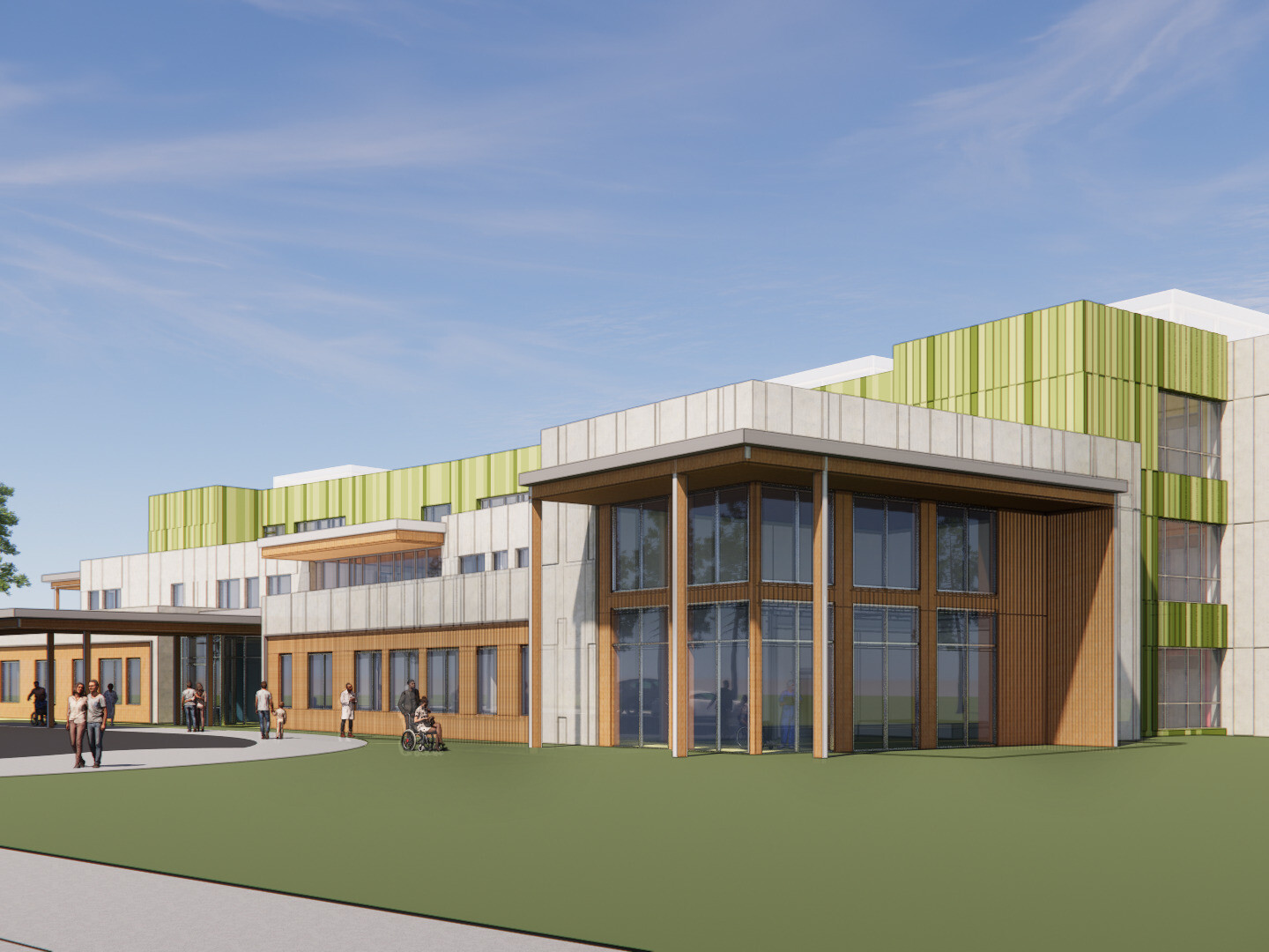 Rendering of a multistory medical facility with brown, white and green accents filled with windows and patients walking outside