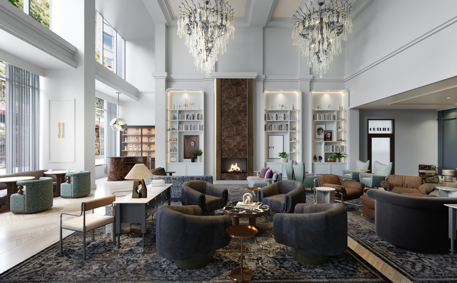 interior design of a luxury hotel; kimpton hotel monaco reimagined and renovated; lofted ceilings with chandeliers create ambiance and luxury interior design of a luxury hotel; kimpton hotel monaco reimagined and renovated; lofted ceilings with chandeliers create ambiance and luxury