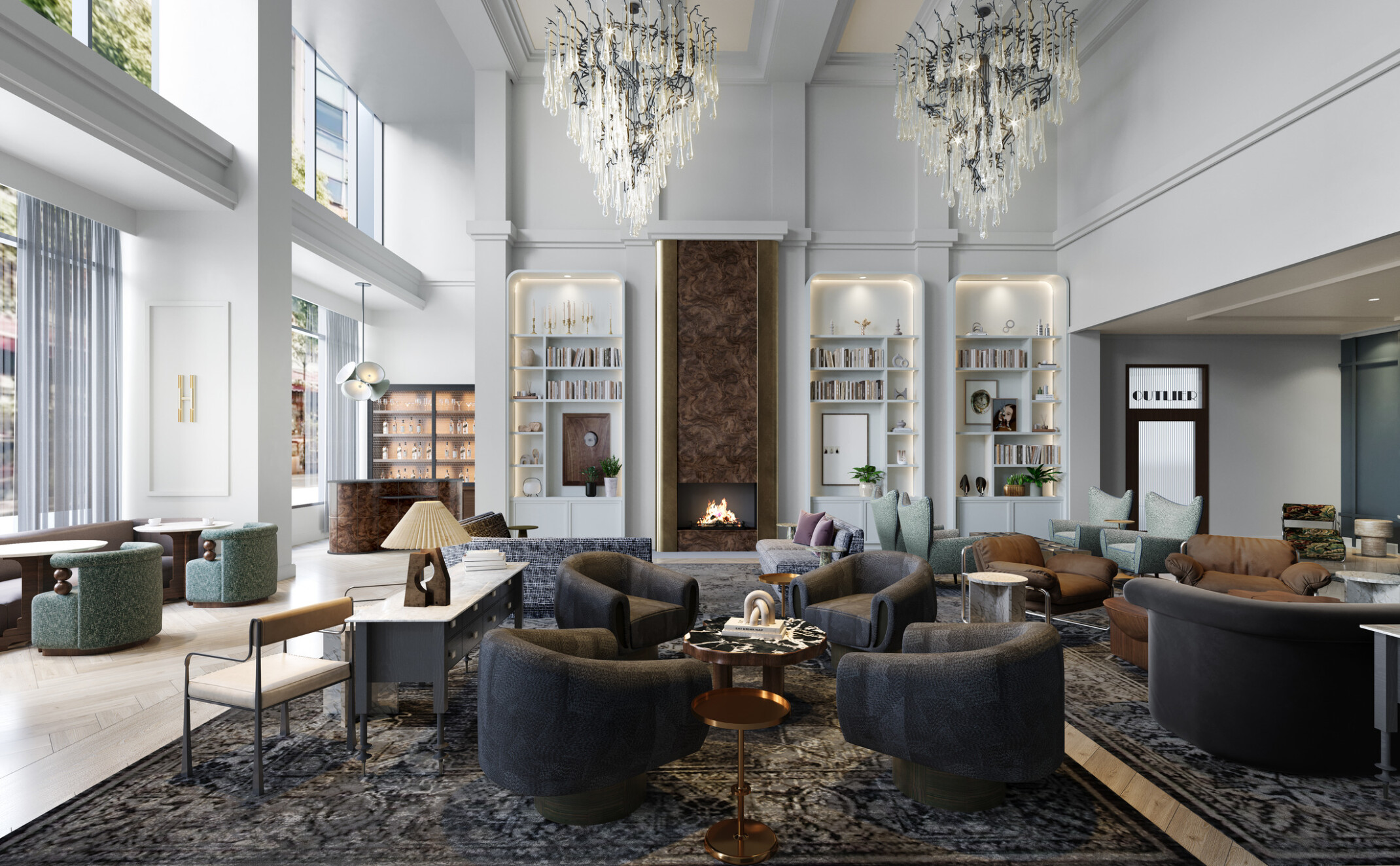 interior design of a luxury hotel; kimpton hotel monaco reimagined and renovated; lofted ceilings with chandeliers create ambiance and luxury