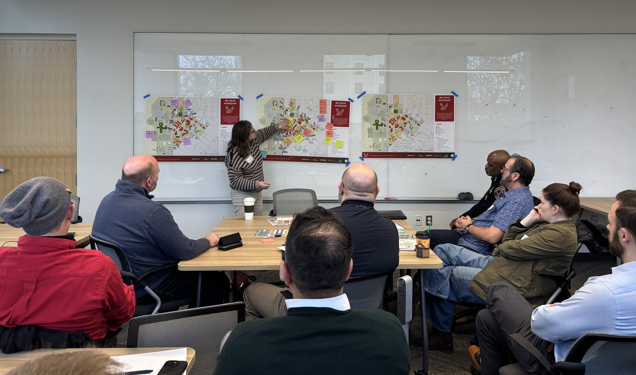 Stakeholders and designers working together at a whiteboard, analyzing data from survey results