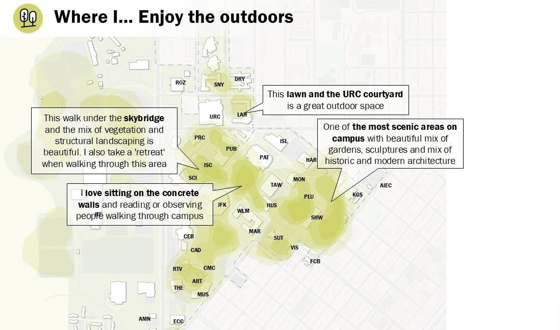 Survey results heat map titled “Where I… Enjoy the Outdoors” showing locations on Eastern Washington University’s campus where respondents most enjoy spending time outdoors.