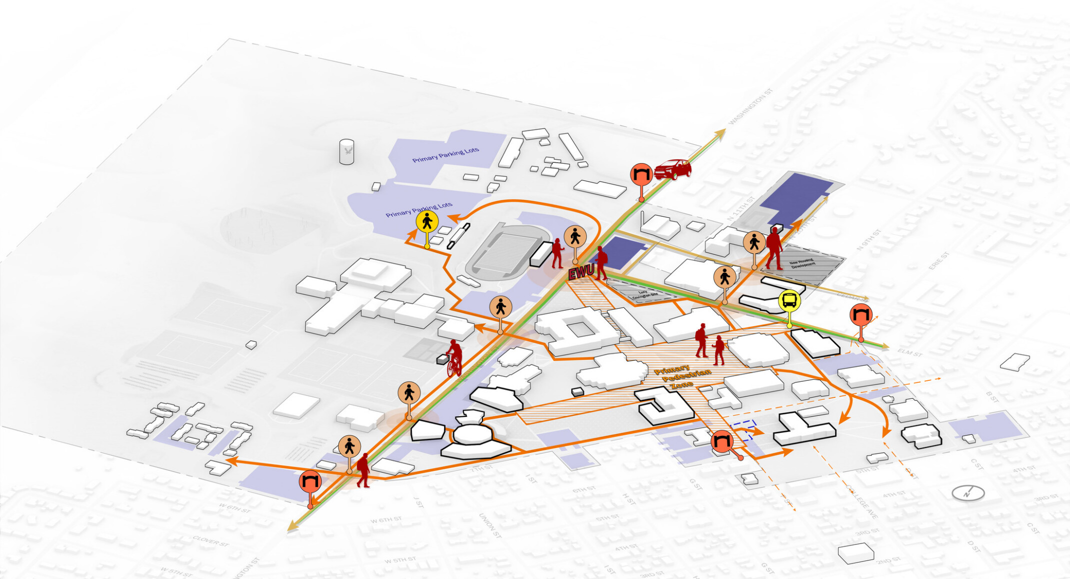 Campus planning and circulation diagram for Eastern Washington University showing the campus core and surrounding streets in a three-dimensional aerial view.