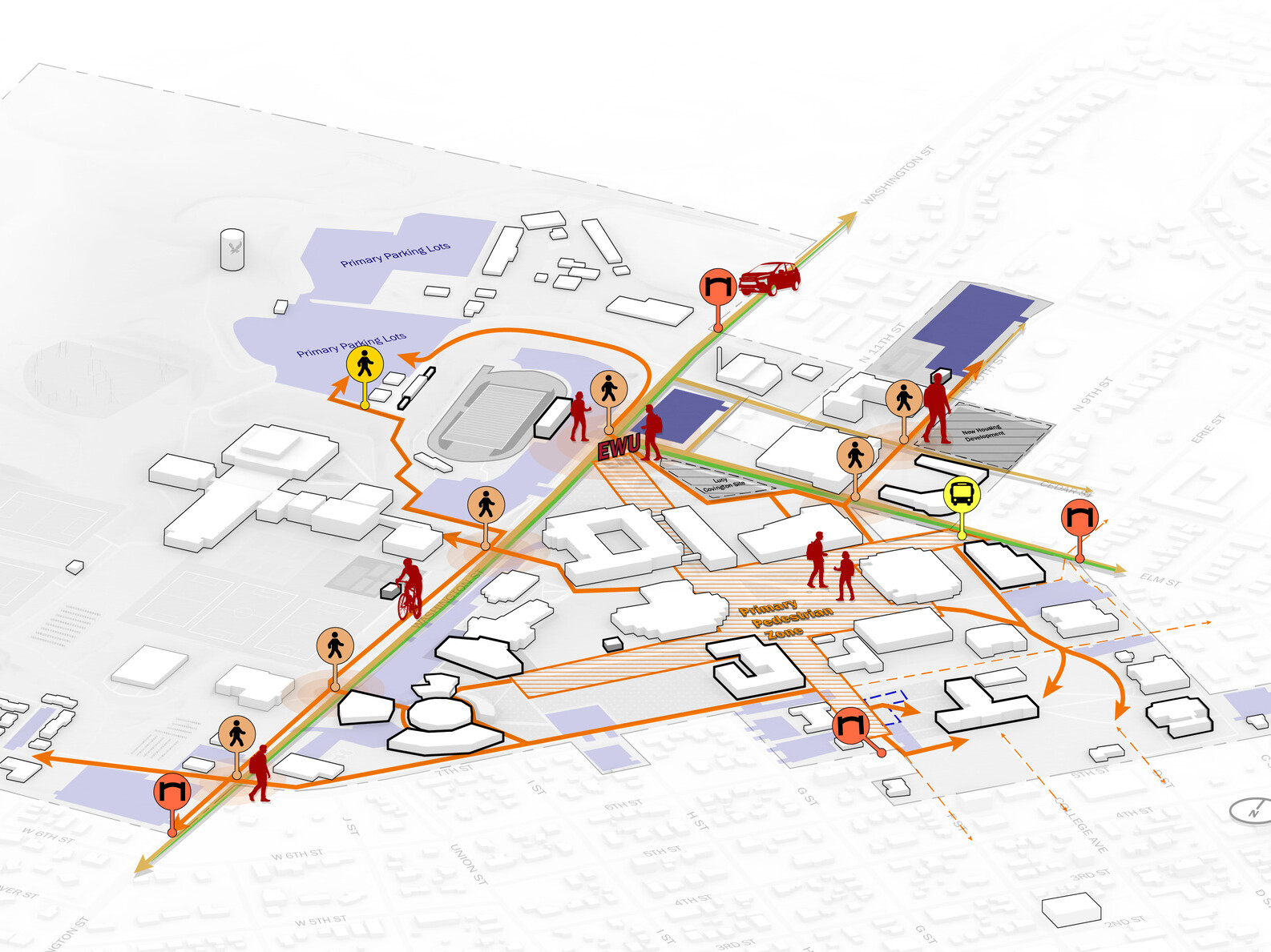Campus planning and circulation diagram for Eastern Washington University showing the campus core and surrounding streets in a three-dimensional aerial view.
