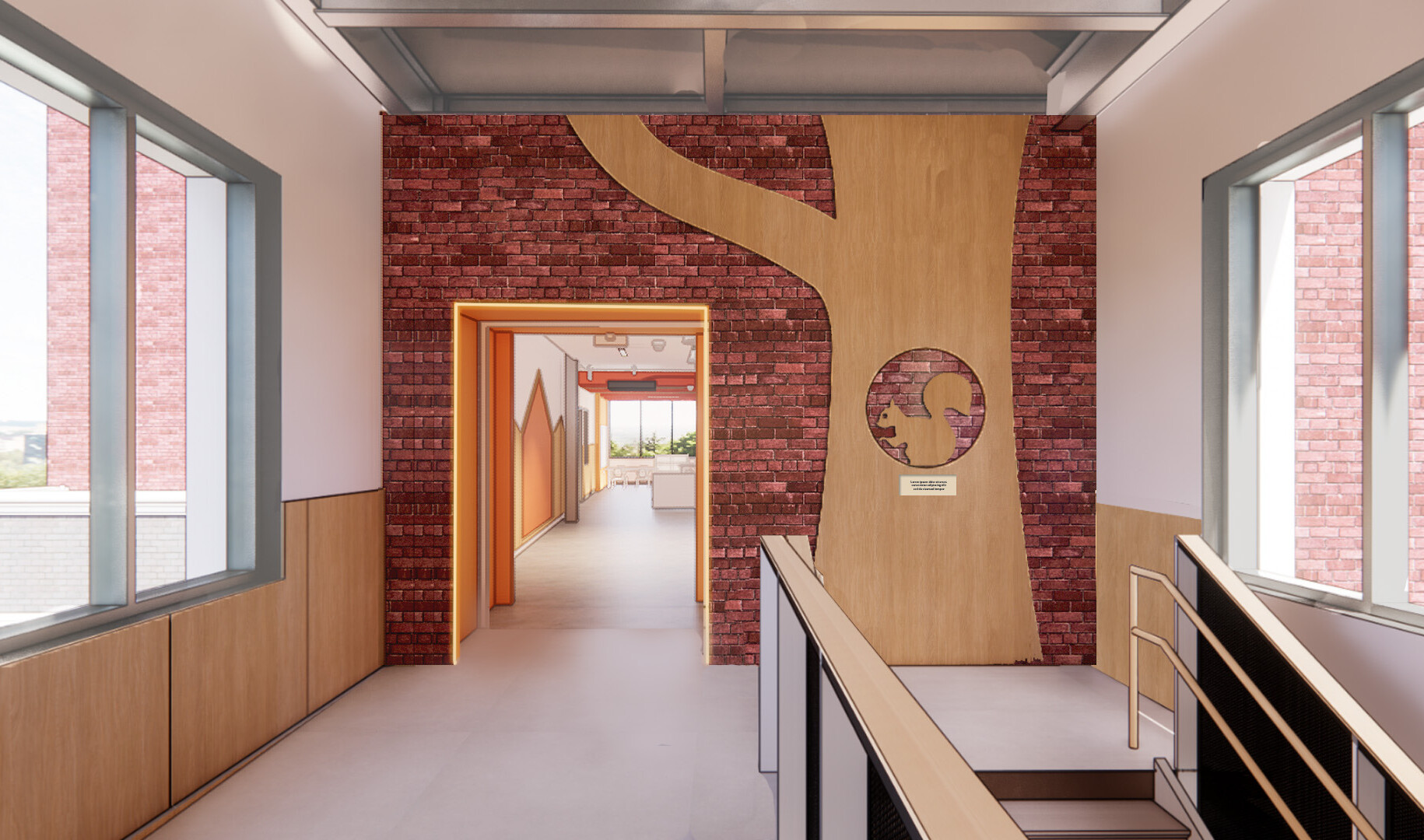 architectural rendering of a school hallway showcasing custom wayfinding that creates a warm, welcoming environment for each student.