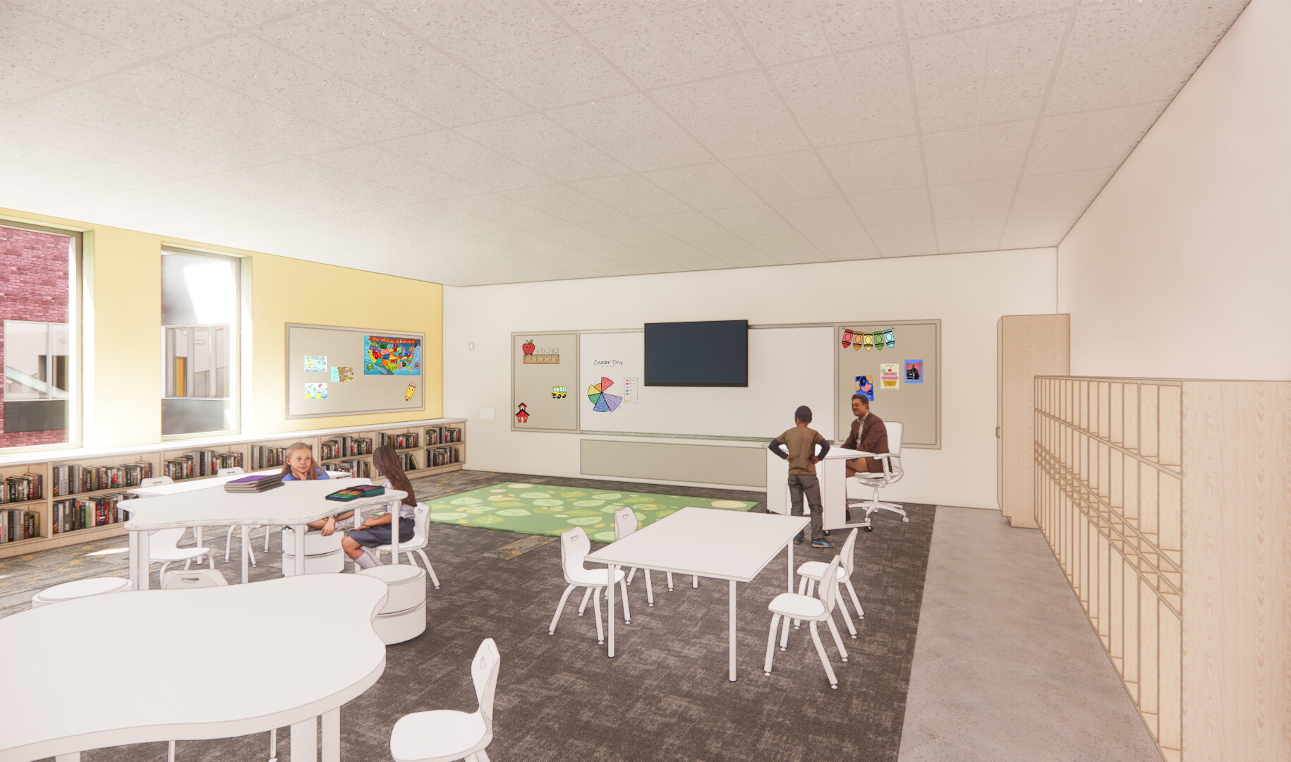 architectural rendering of a classroom with warm wood tones and flexible furniture