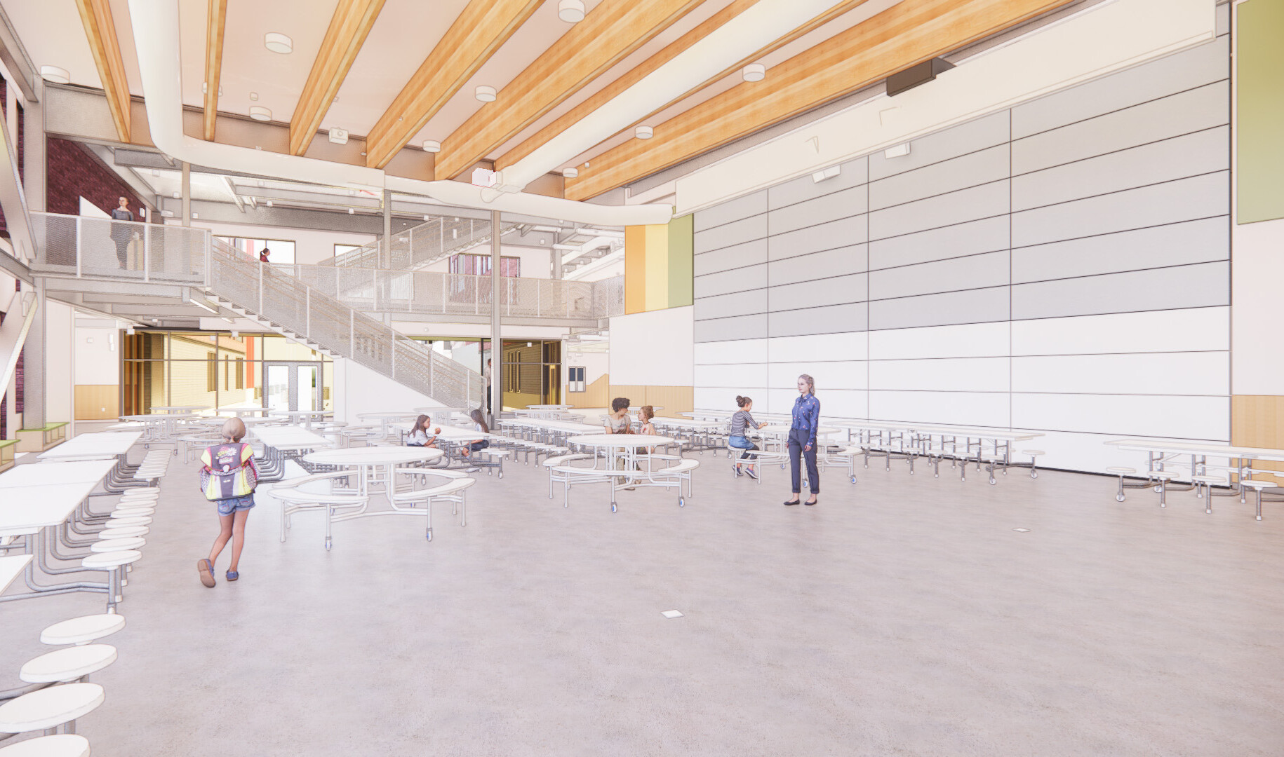 architectural rendering of a large multipurpose space featuring warm wood tones provides a flexible area for in-session and after school programming