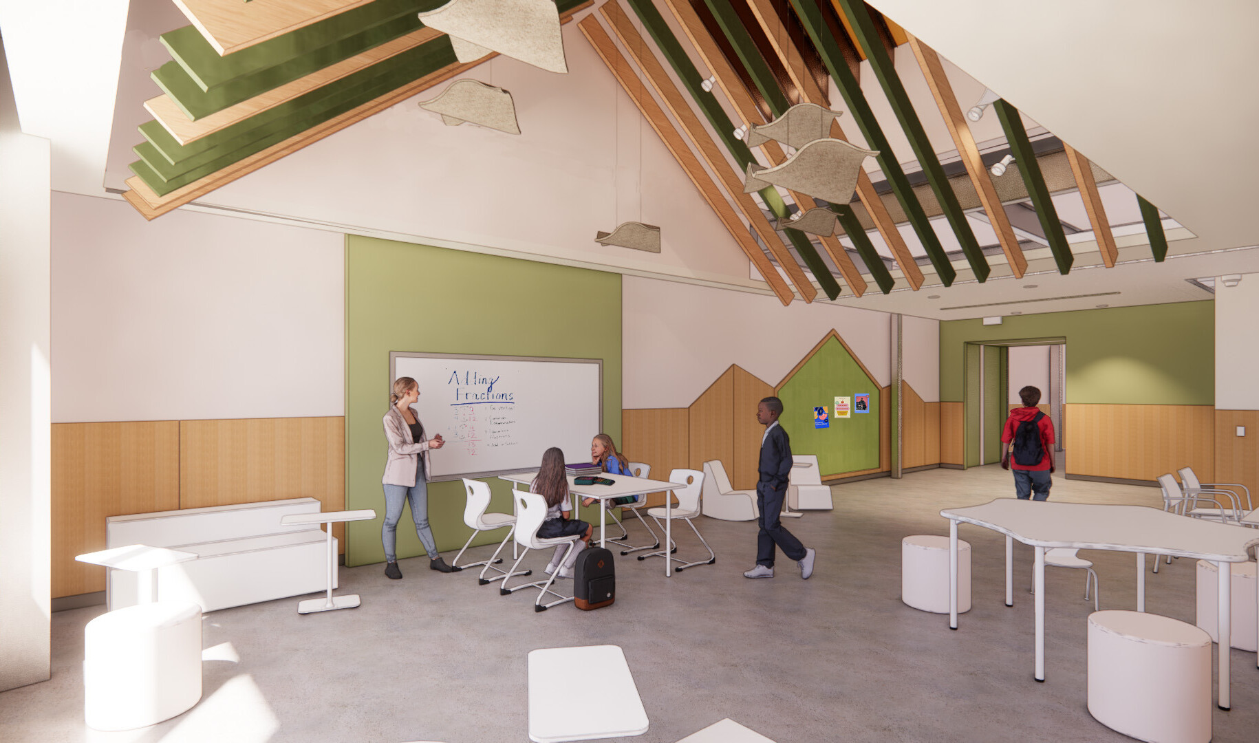 architectural rendering of a student Flex commons tailored to each pod with modular and mobile furniture