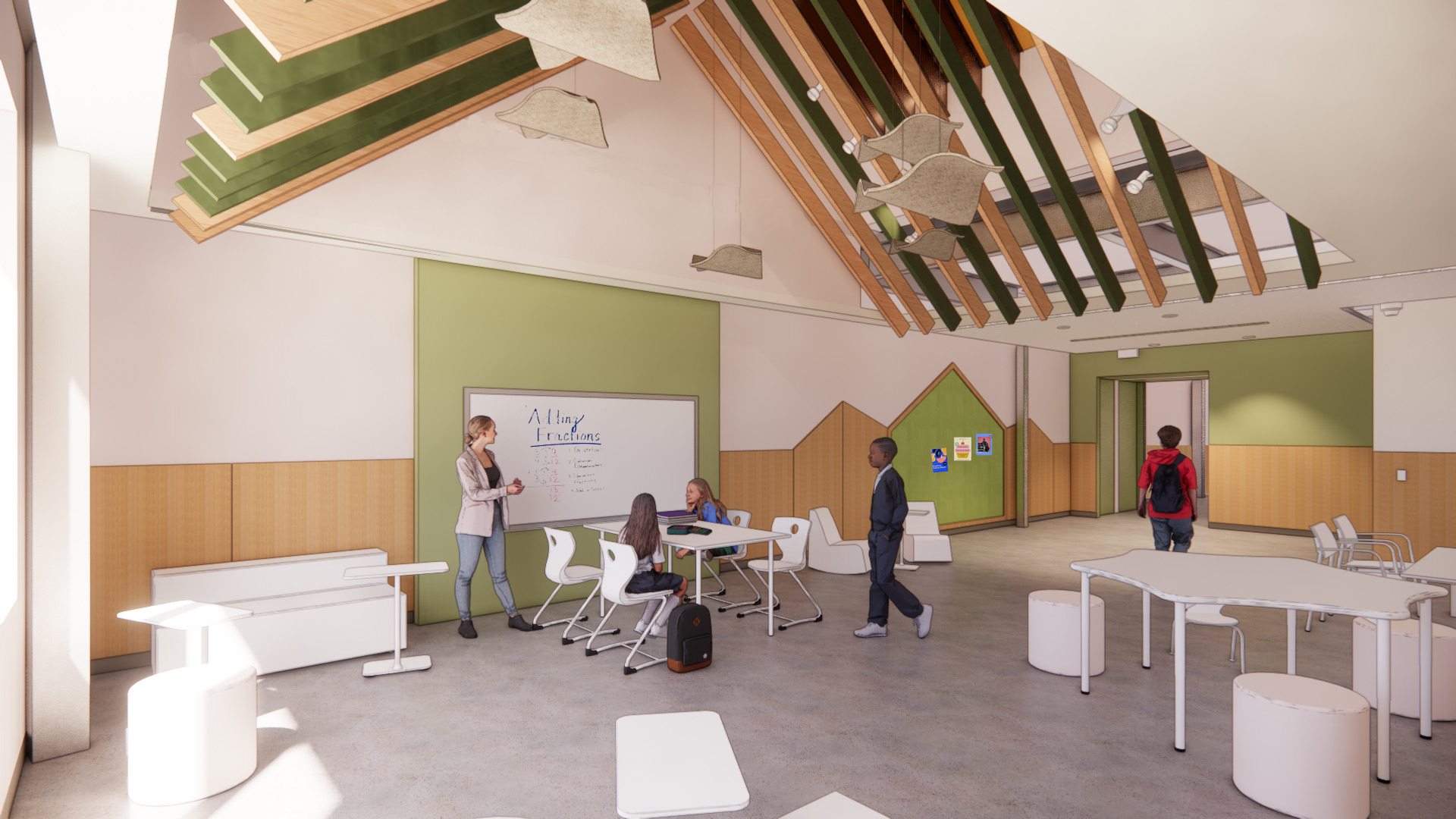 architectural rendering of a student Flex commons tailored to each pod with modular and mobile furniture