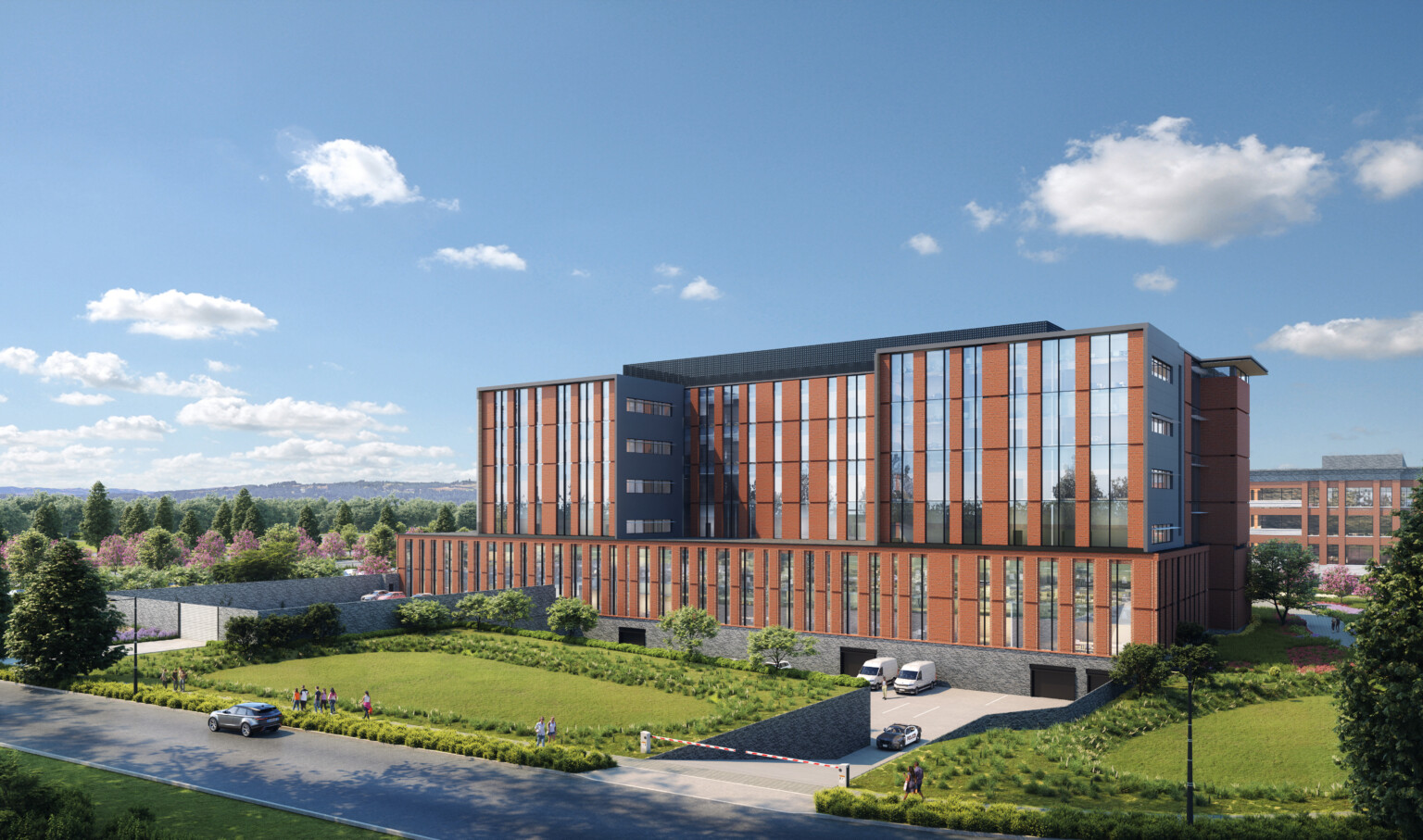 Design concept for Clackamas Courthouse, a large eight-story building in Oregon, red brick façade with vertical window panels create a striped fenestration, green lawn out front 