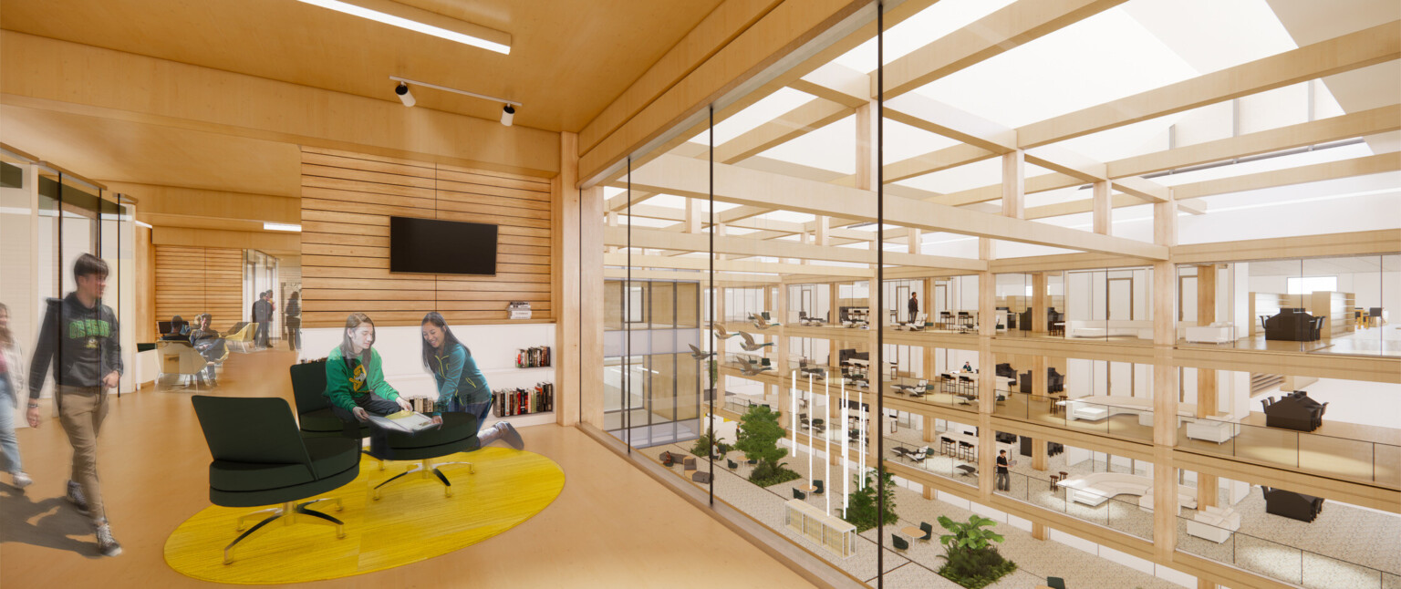 Rendering of a college study area overlooking a library with foliage, light wood accents, and yellow rugs