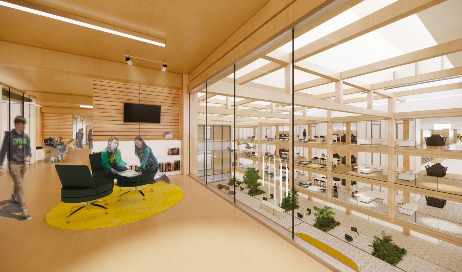 Rendering of a college study area overlooking a library with foliage, light wood accents, and yellow rugs