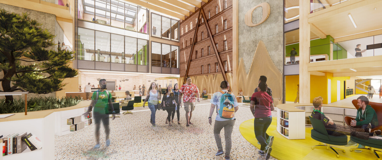 Rendering of a college library with yellow throw rugs, green and yellow accent walls, light wood accents, and foliage