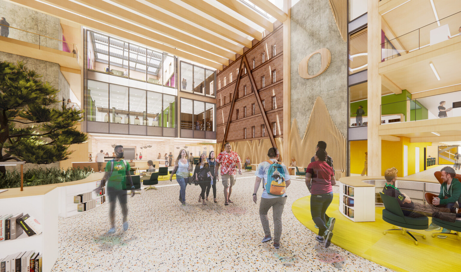 Rendering of a college library with yellow throw rugs, green and yellow accent walls, light wood accents, and foliage