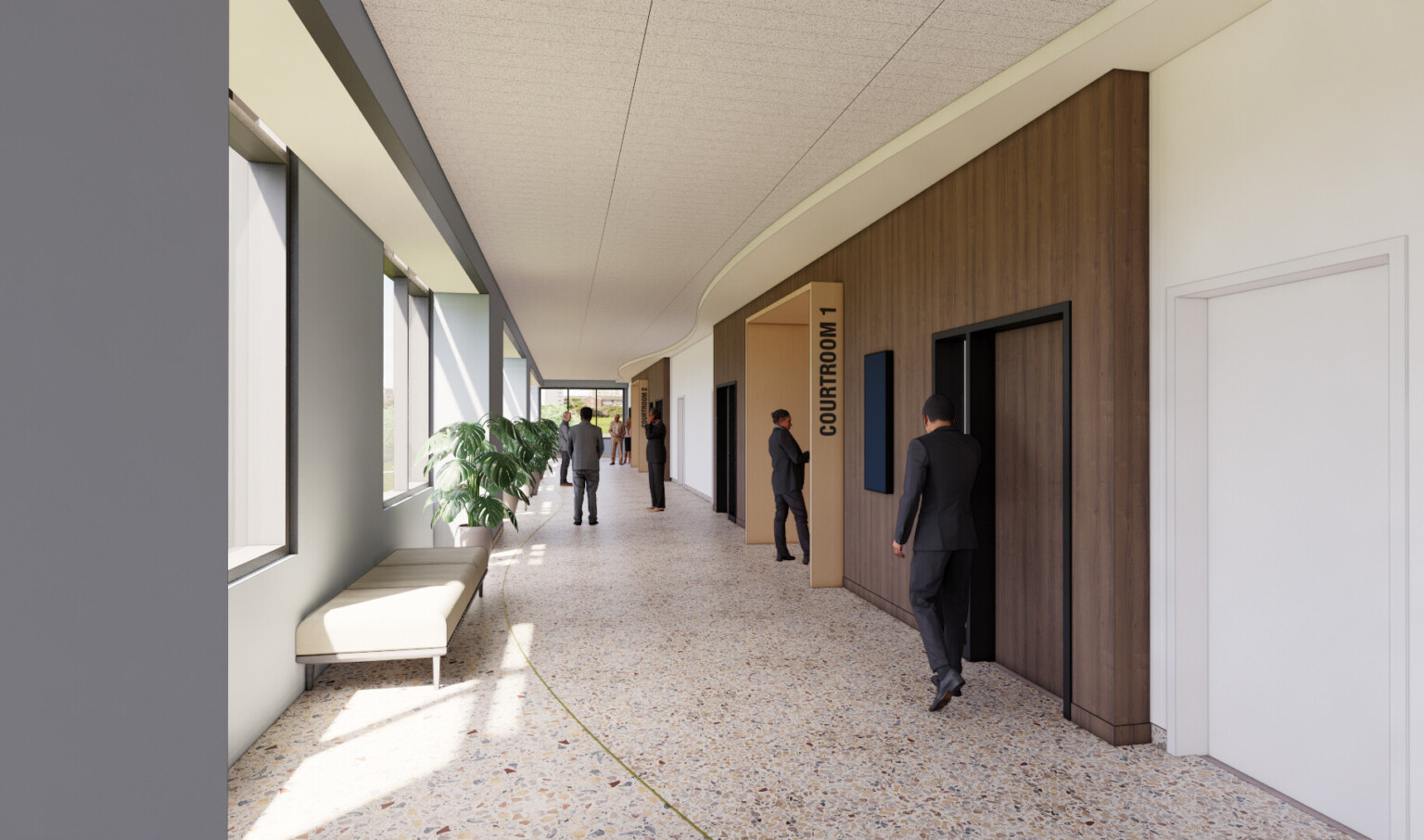 Architectural rendering; Interior view of a courthouse corridor with terrazzo floors, natural light, and people walking toward Courtroom 1.
