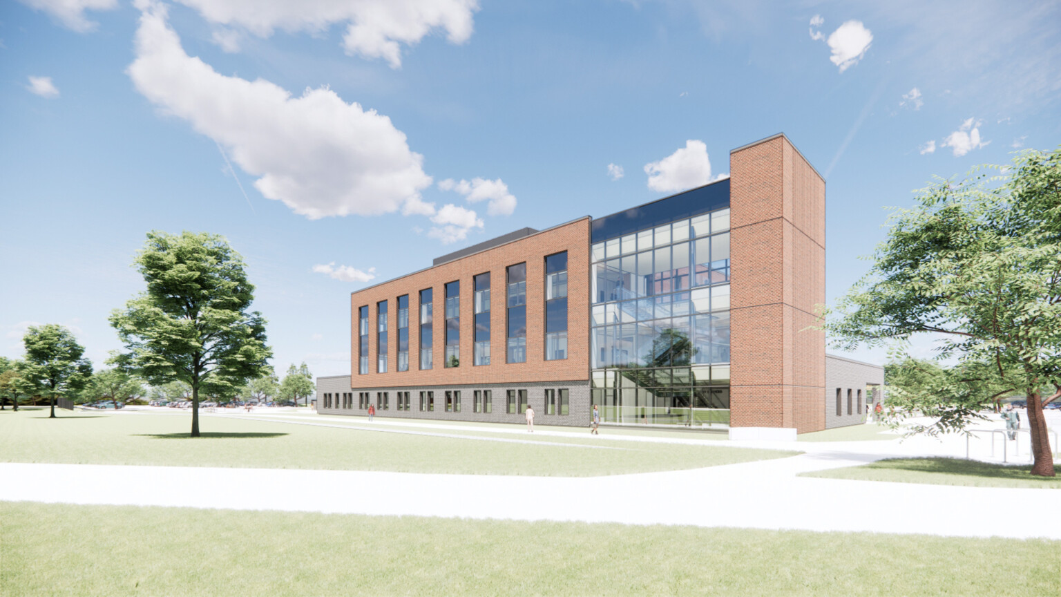 Architectural rendering; Southeast-facing view of the courthouse exterior with tall vertical windows and a prominent glass wall revealing the three-story central stairwell. Visitors walk along clear, landscaped pathways surrounding the building.