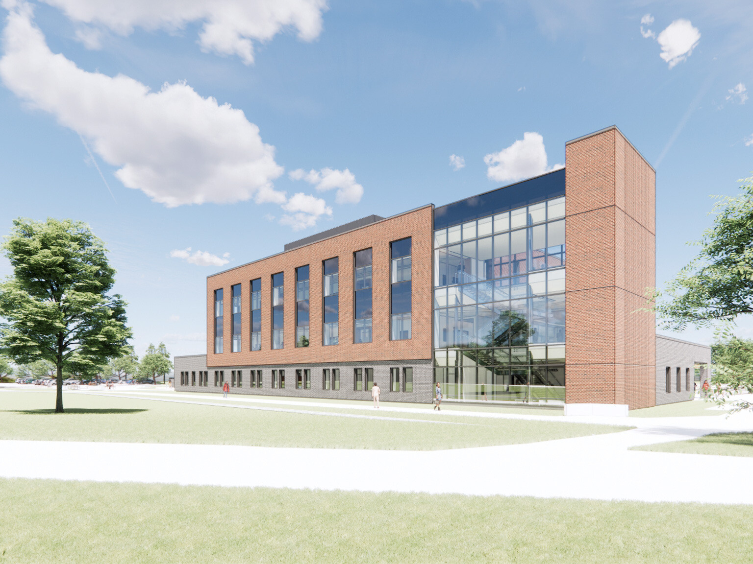 Architectural rendering; Southeast-facing view of the courthouse exterior with tall vertical windows and a prominent glass wall revealing the three-story central stairwell. Visitors walk along clear, landscaped pathways surrounding the building.