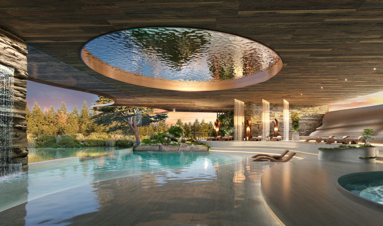 luxurious spa and pool overlooking nature greenery; modern features and soft white walls offset the blue water and stone waterfall luxurious spa and pool overlooking nature greenery; modern features and soft white walls offset the blue water and stone waterfall