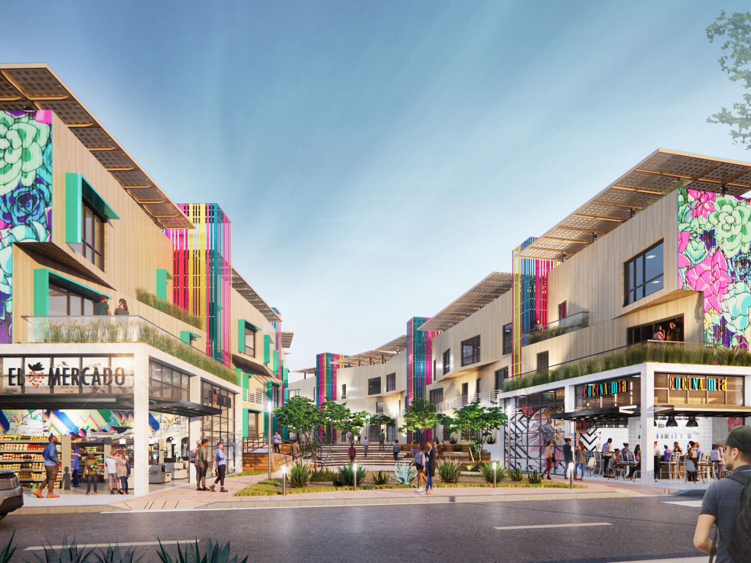 Outdoor shopping market with colorful floral murals bustling with patrons