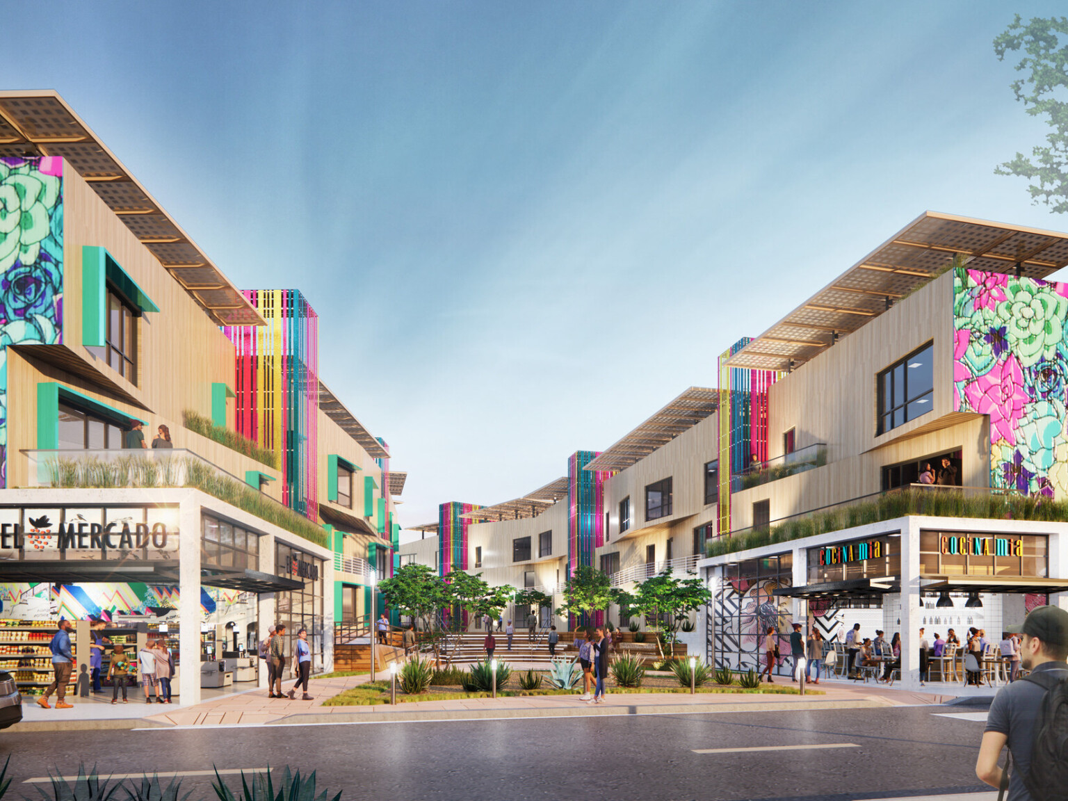 design concept for this public paseo is comprised of two and three-story structures interconnected and oriented to the sun and mountain views to promote sustainability, a series of courtyards, and a collection of ground services provide food and products, murals and artwork