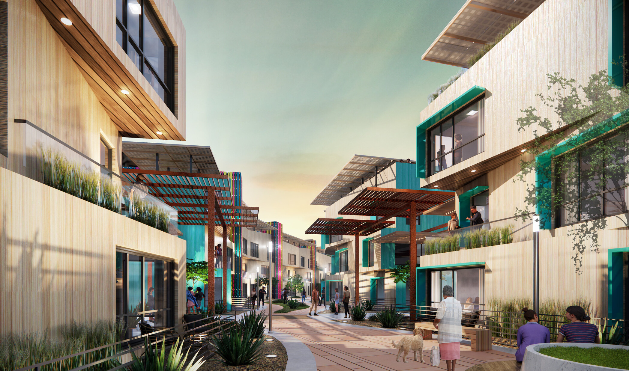 alleyway between two multistory buildings filled with colorful awnings