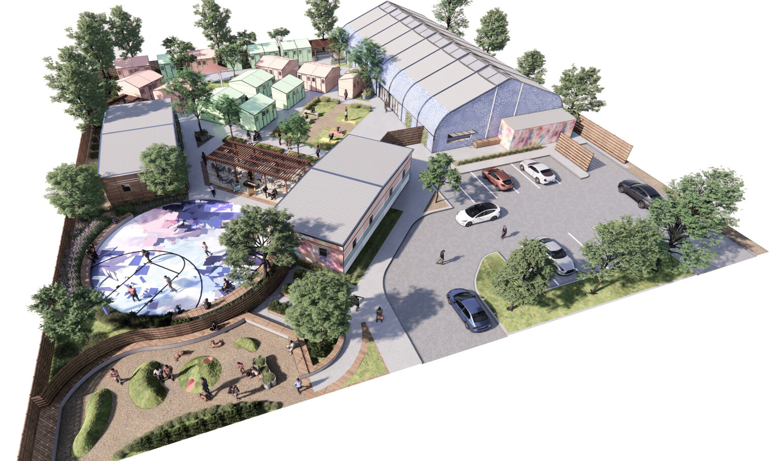 rendering of an affordable housing concept in San Francisco, showing individuals units and outdoor areas