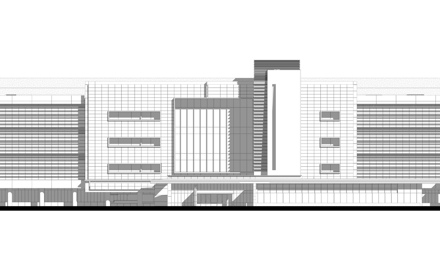 Black and white shaded line rendering of the front of the building