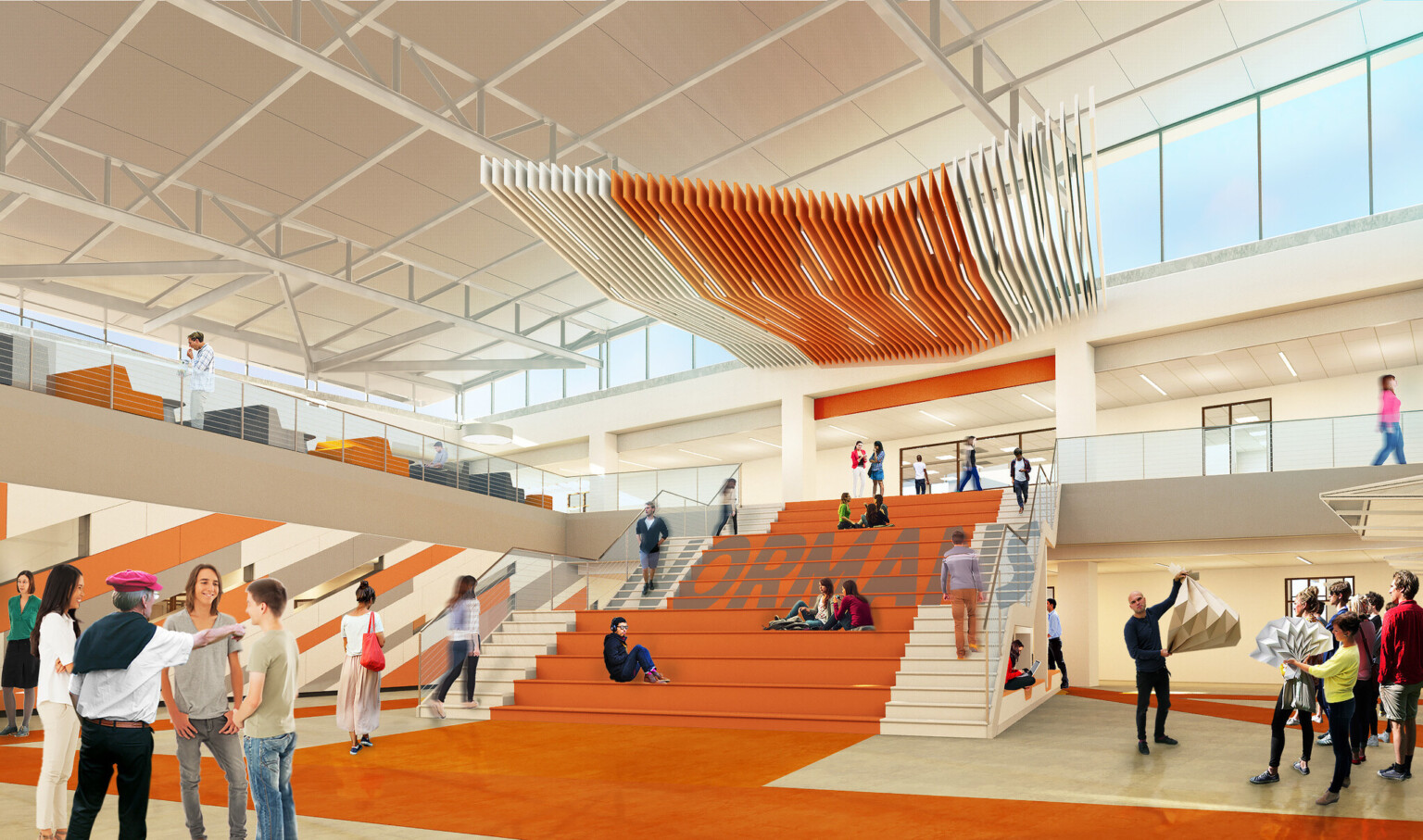 White stairs on either side of orange step bench seats with Normans written across. White and orange abstract panels above