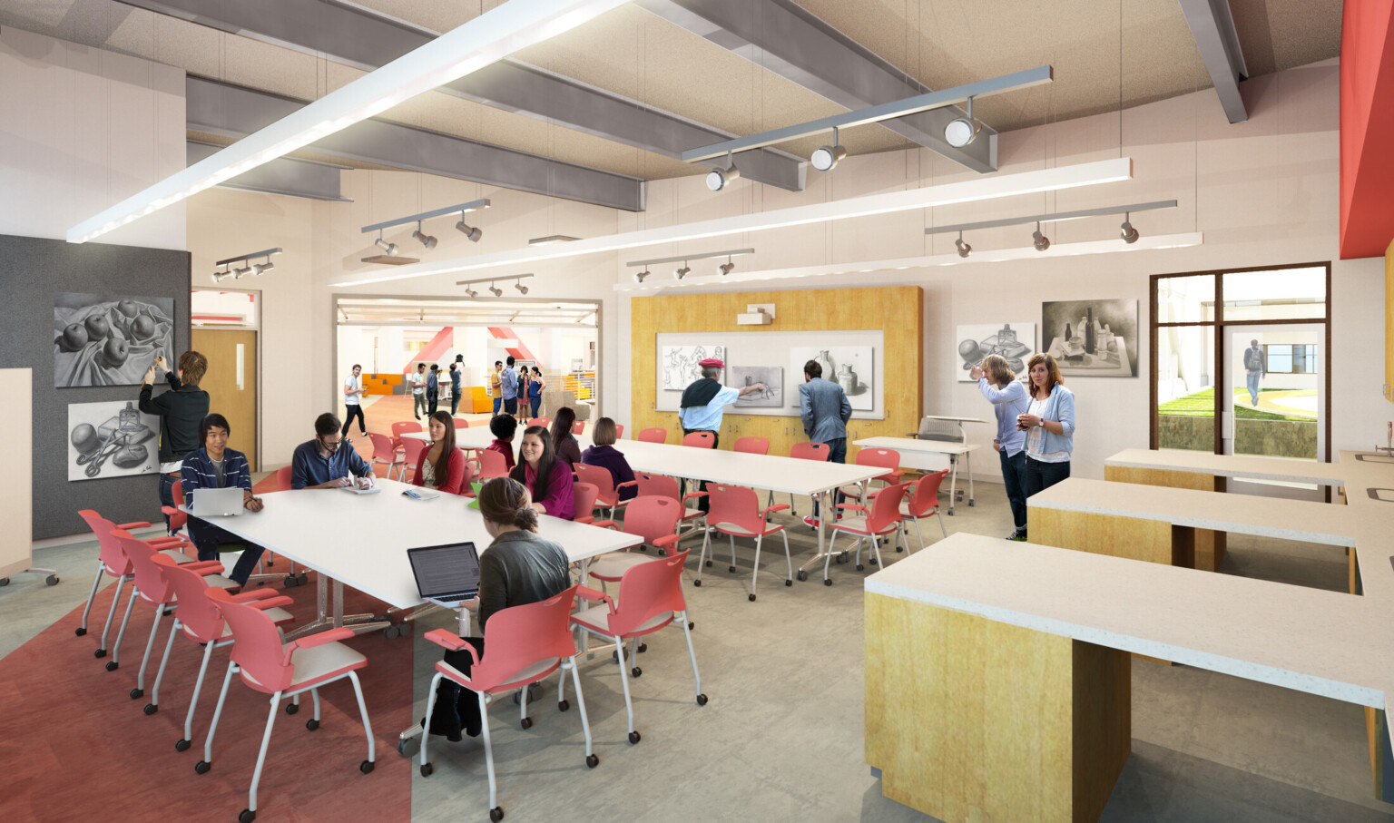 Art room with gallery lighting for wall displays. Wood base on white counters, tables and seating. Garage style door to hall