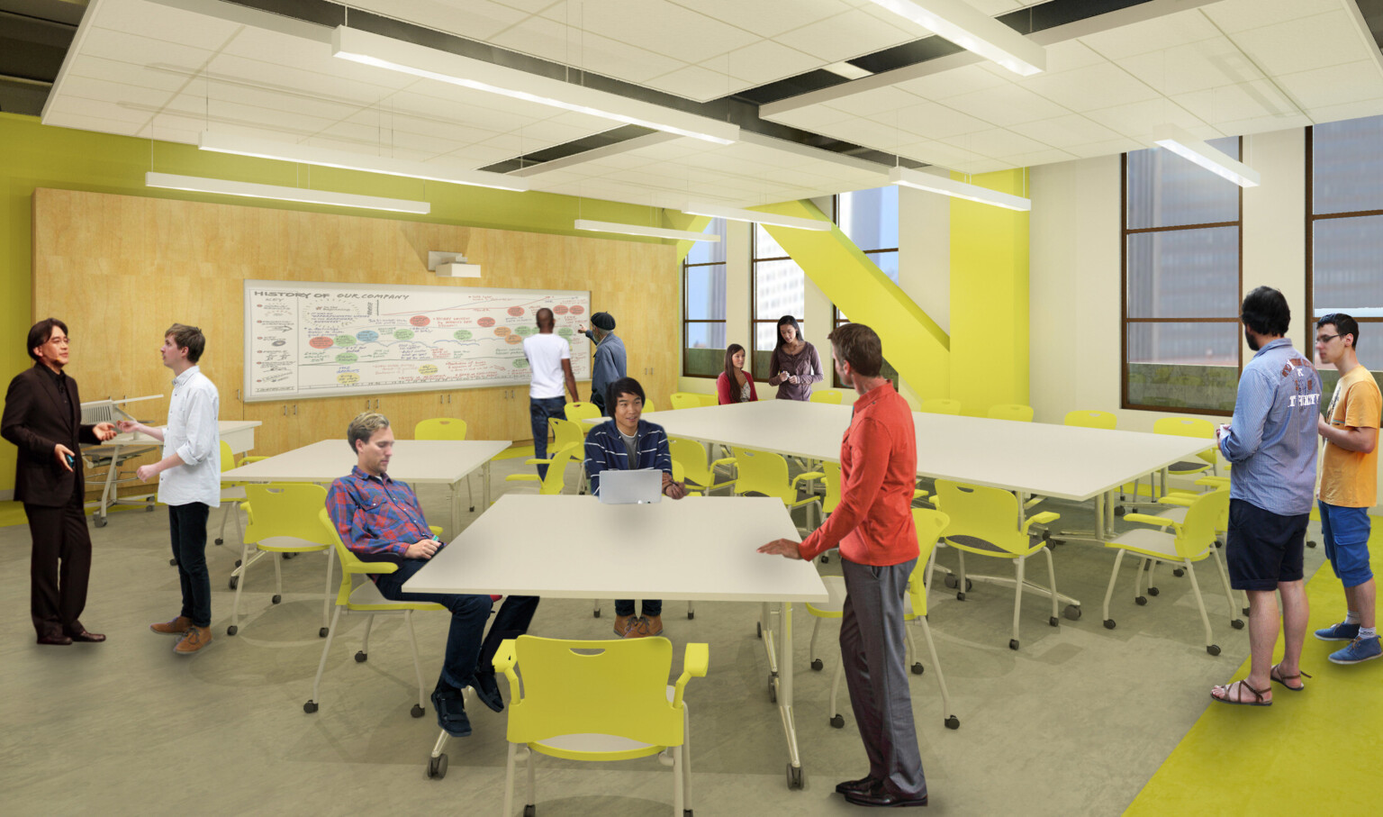 Classroom with flexible seating. Yellow Y shaped accent beam in front of white wall with windows. Wood panels on yellow wall