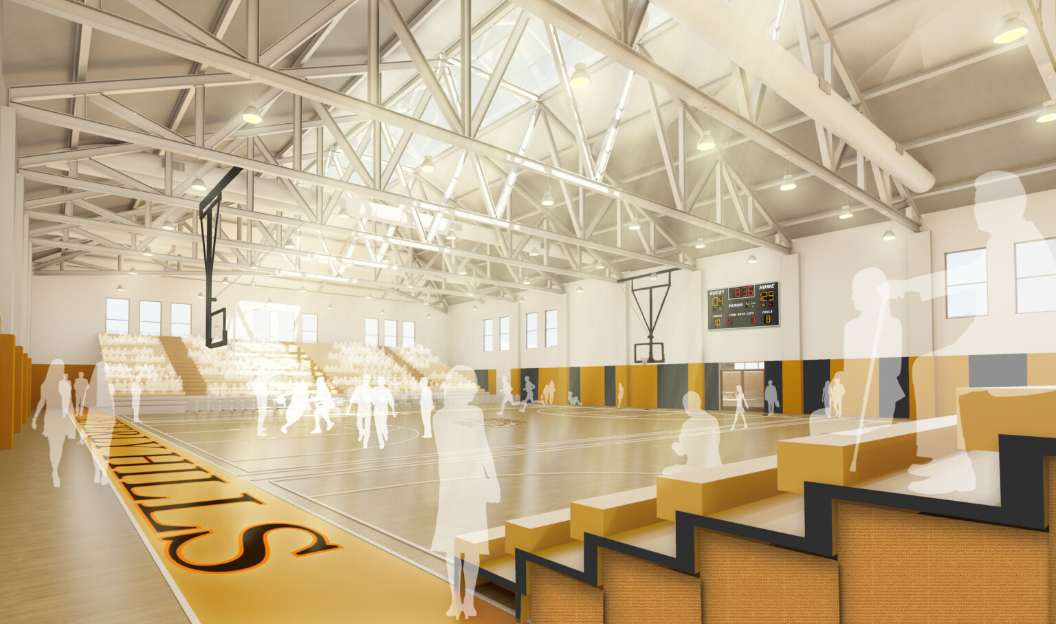 Gymnasium rendering with white translucent figures. Wood floor gym with basketball court center, padded blue and yellow wall