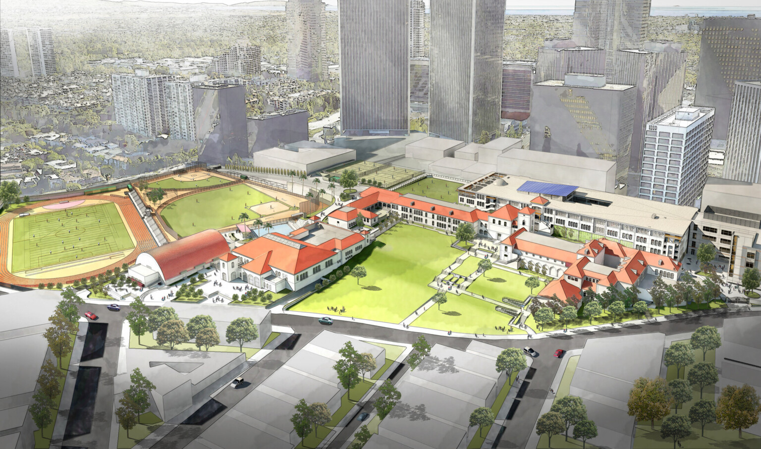 Aerial rendering of site. Sports fields line left and back of campus. Large lawn before main entrance with side extensions