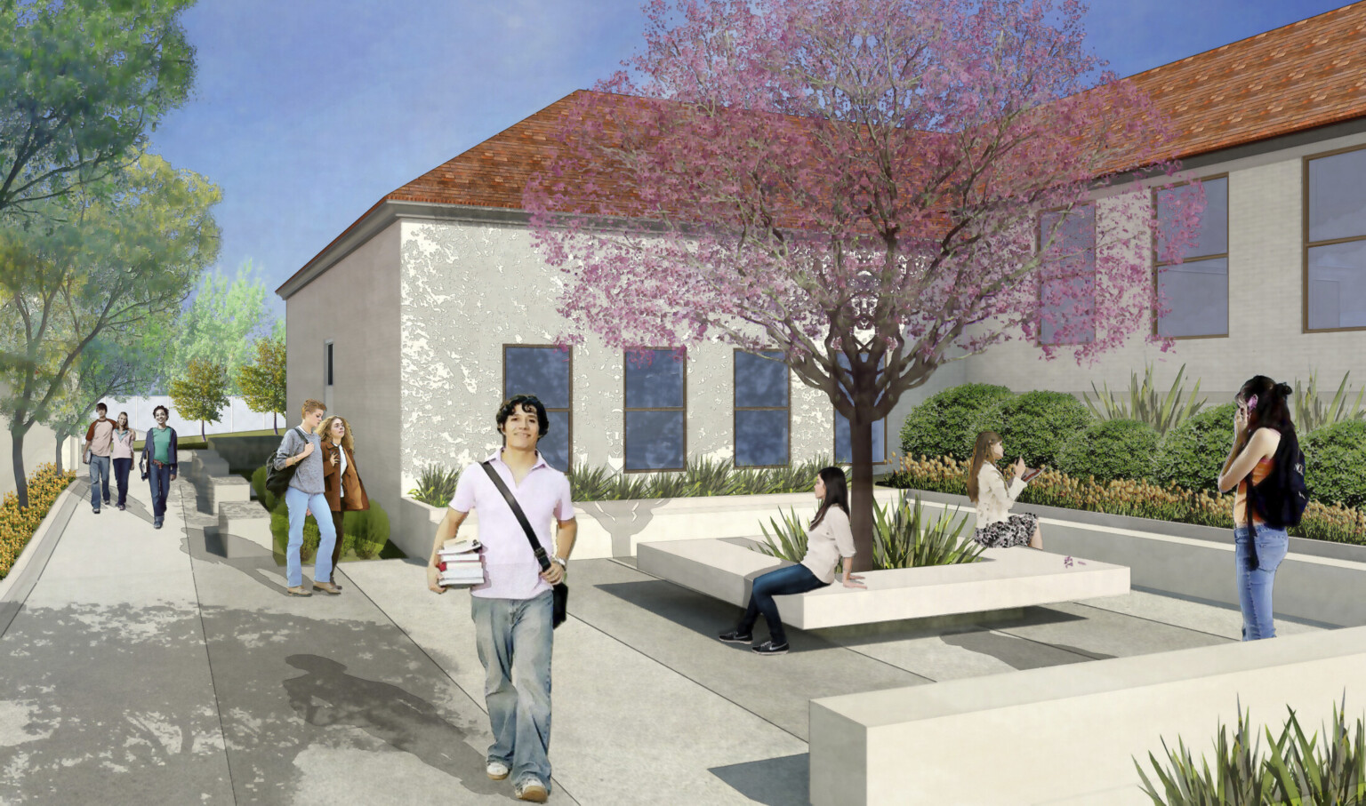 Large courtyard alcove lined with plants and a square concrete tree seat at center. White walls of single story with red roof