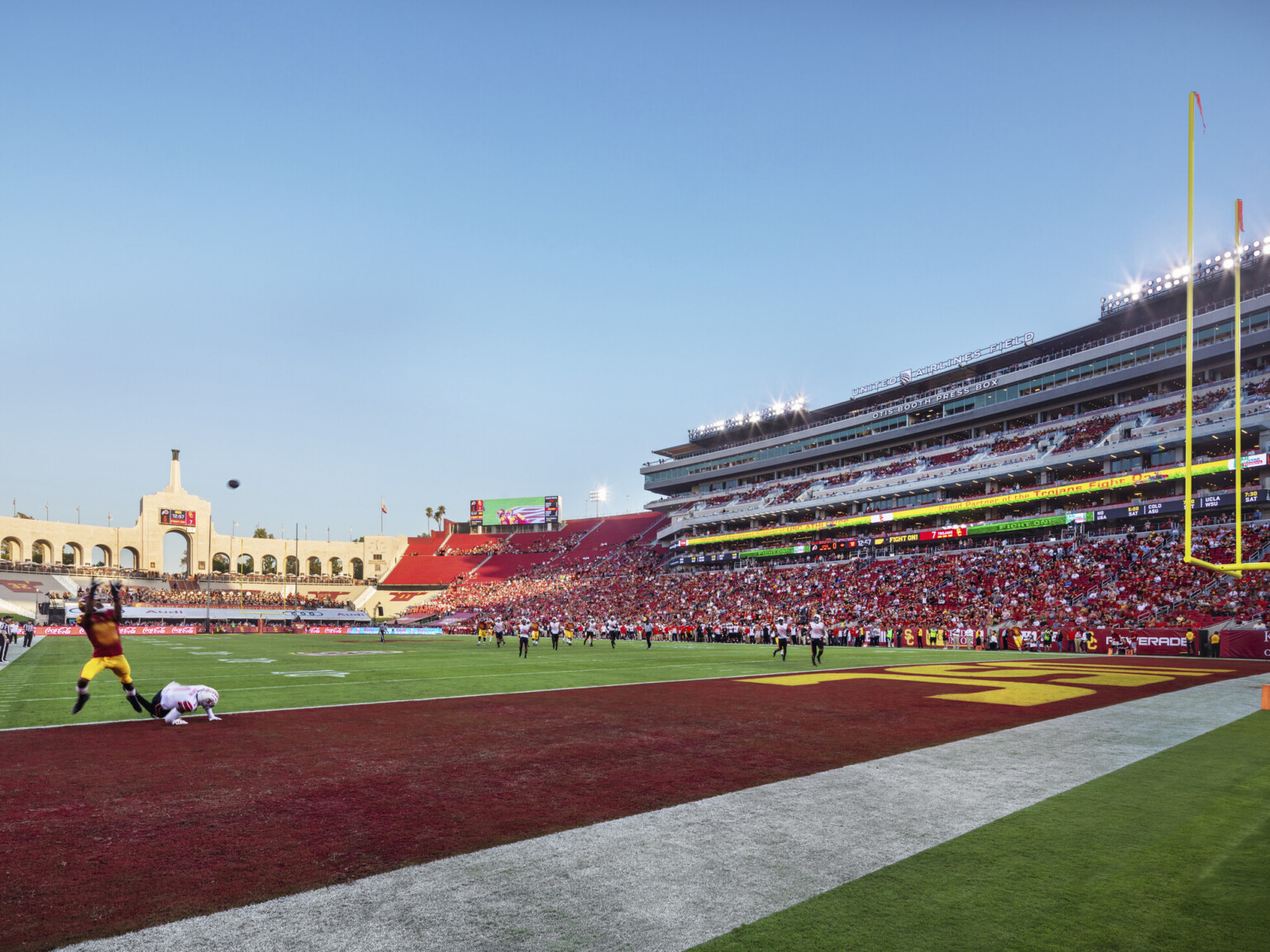 the end zone of the football field at USC LA Memorial Coliseum