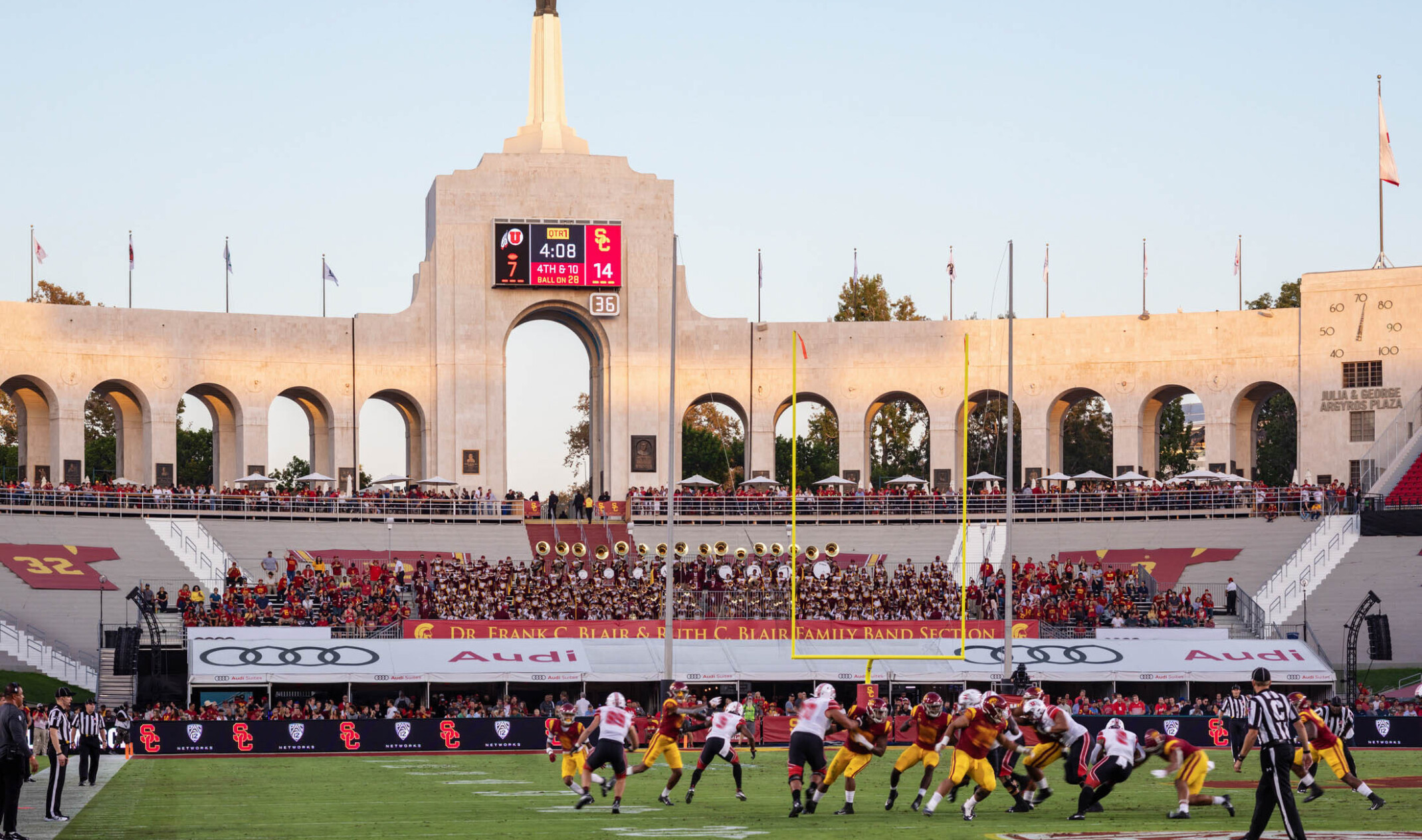 Entry concourse of Los Angeles Memorial Coliseum with central tower and Olympic Cauldron on top of a spire