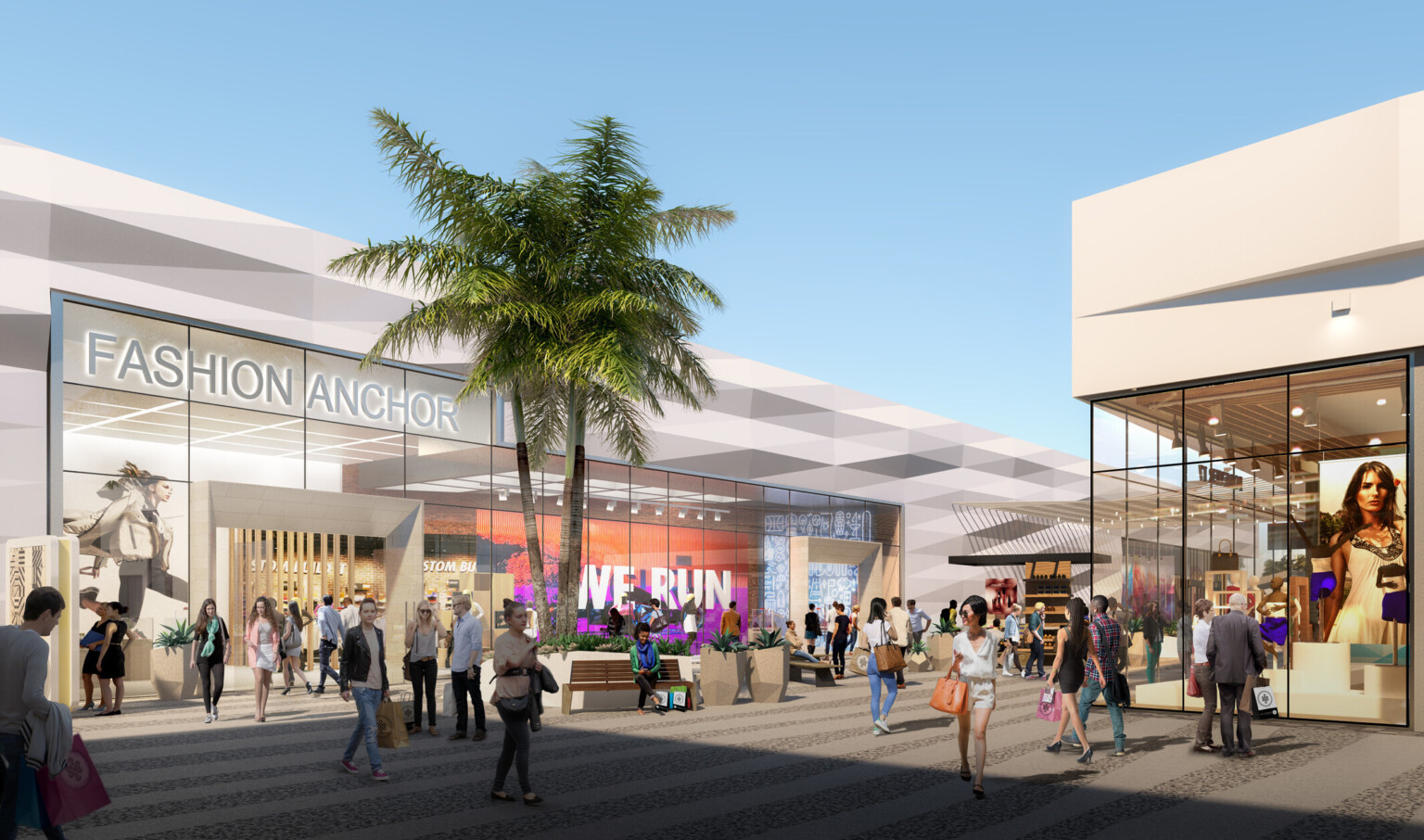 White textural storefront with double height windows behind path with palm trees, bench, kiosk. Right, lighted gold sunscreen