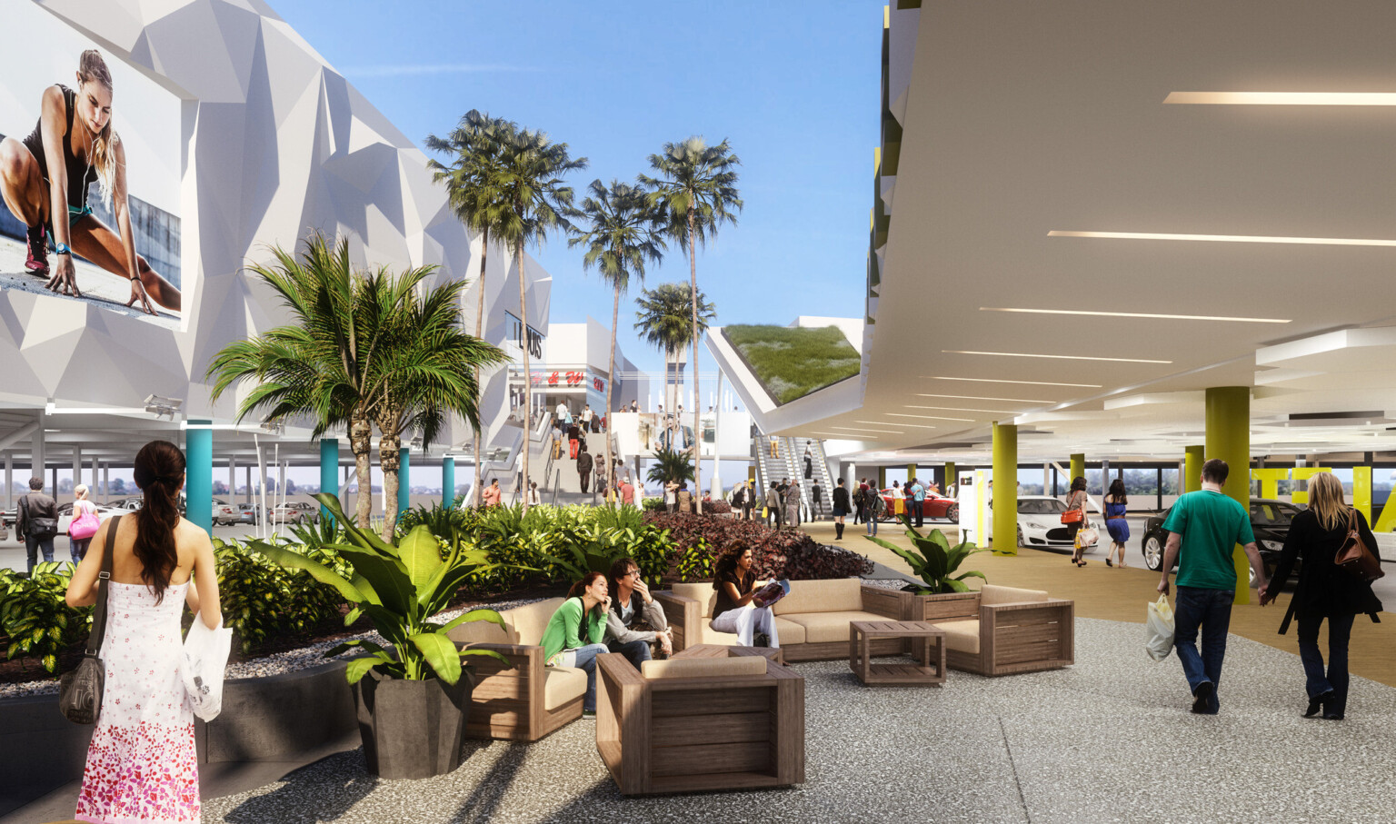 Treelined comfortable seating next to covered valet station, right. White textural building, left, elevated on blue columns