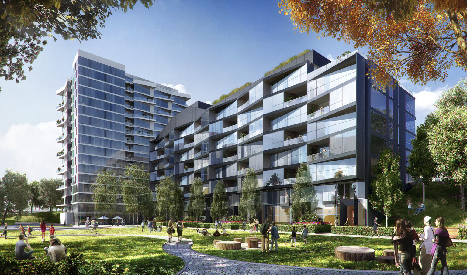 8 story glass building with angled stepped facade and black accents with courtyard. Back, a 17 story tower with white accents