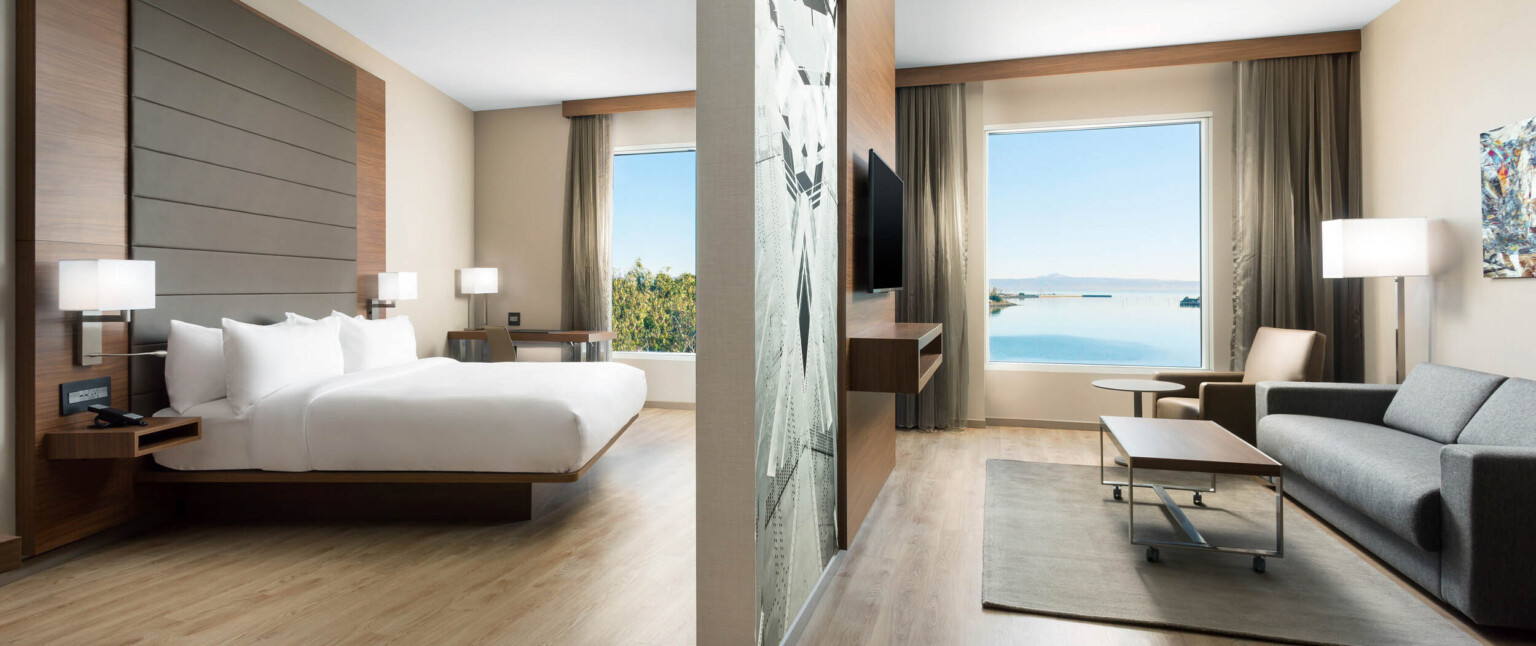 Guest room partially divided from living room by mural and wood panel wall with television. Each room has a large window following Marriott brand architecture