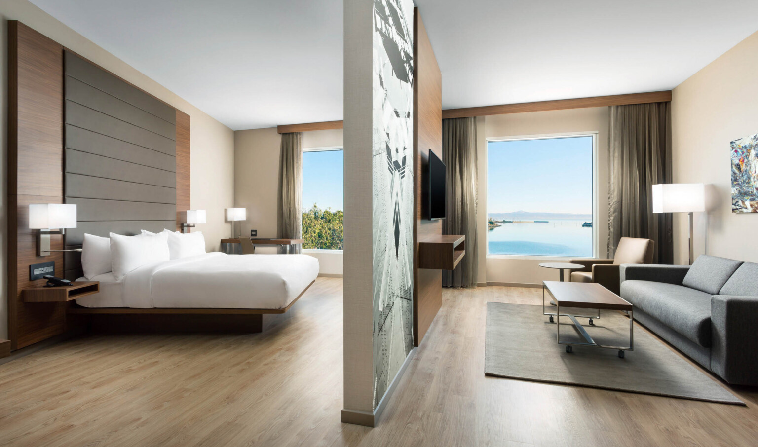 Guest room partially divided from living room by mural and wood panel wall with television. Each room has a large window