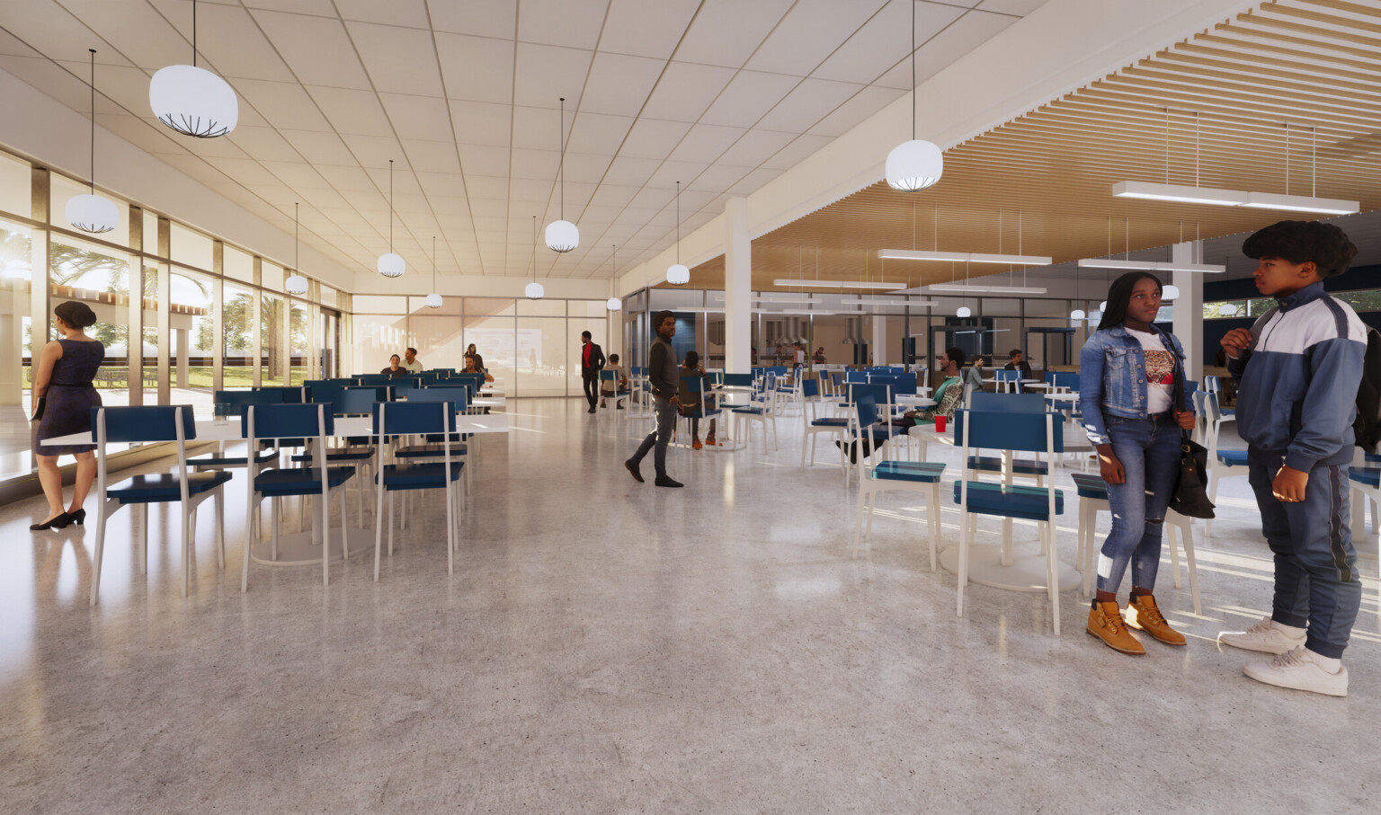 Cafeteria with floor to ceiling windows. White panel ceiling with hanging pendant lights, left, and wood slats to right